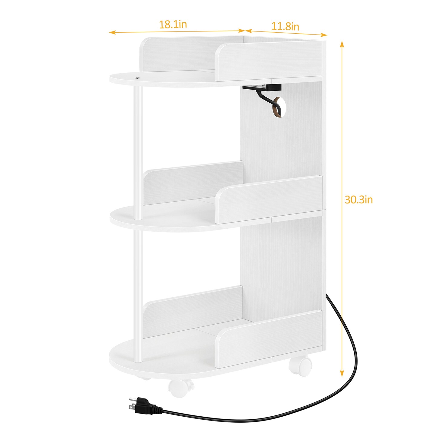 Compact 3-Tier Rolling Side Table with Built-In Charging Station - 2 USB Ports, Outlets, Edge Protection & Wheels for Bedroom, Living Room, Office, Small Spaces
