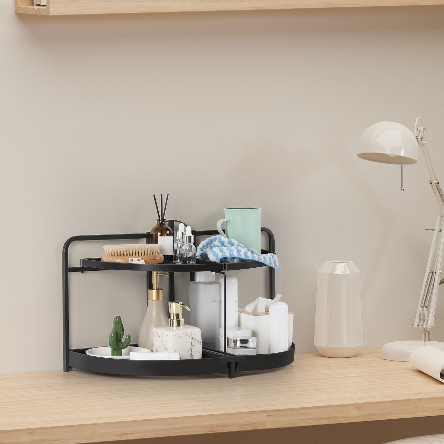 2-Tier Rotating Metal Countertop Organizer - Rust-Proof Bathroom &#x26; Kitchen Storage Shelf with Foldable Design, Large Space-Saving Semicircle Shelves