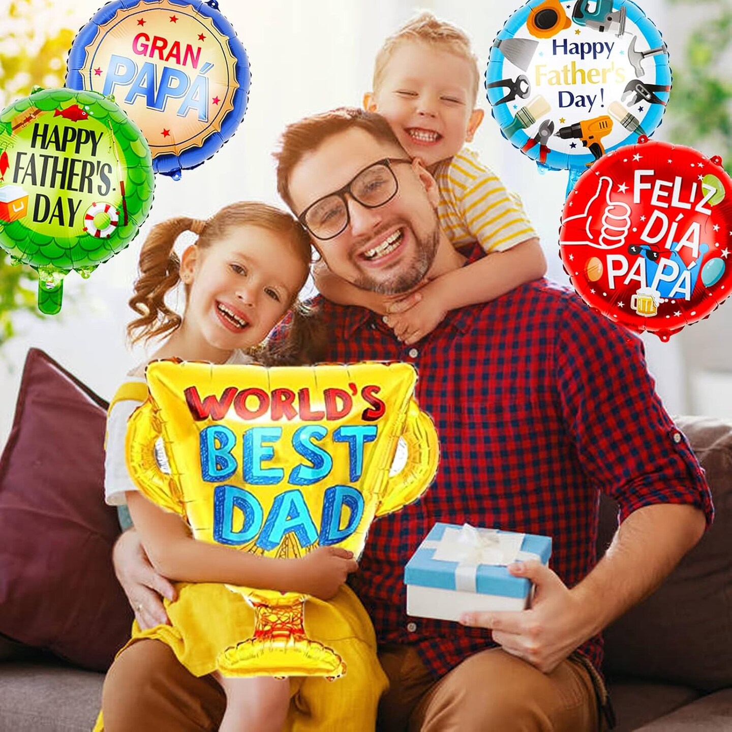 15Pcs Happy Fathers Day Balloons Party Decorations, 18 inch Feliz Dia PaPa Foil Balloons, Worlds Best Dad Balloons for Father&#x27;s Day Party Birthday Decorations Supplies