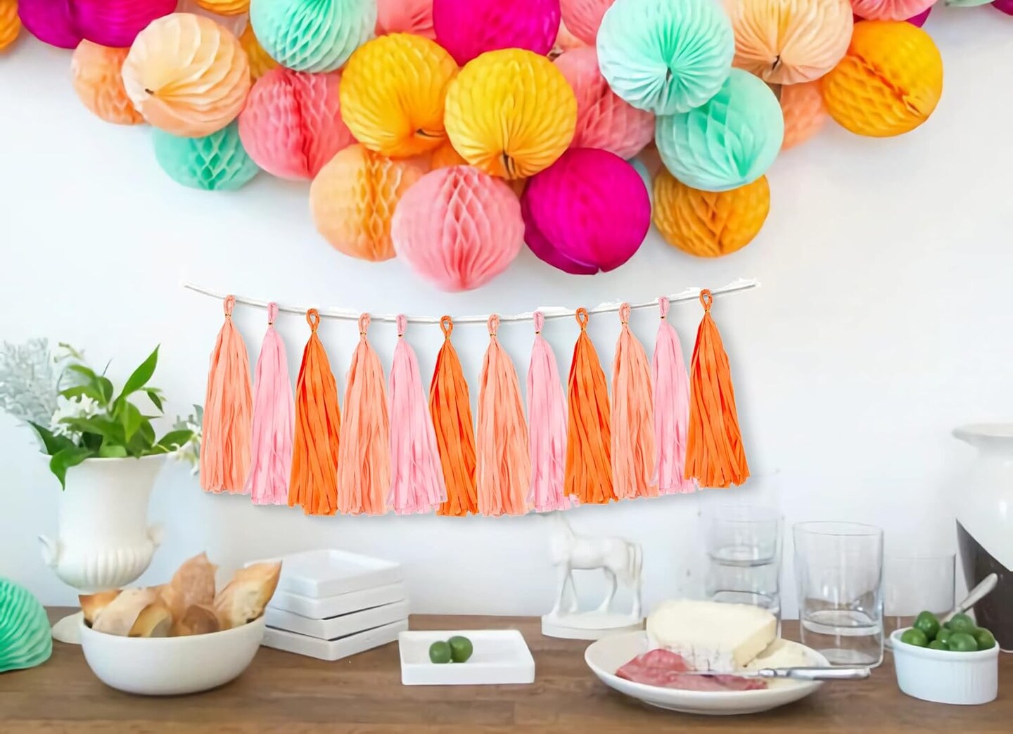 15PCS Pink Orange Peach DIY Tissue Tassel Garland Groovy Retro Party Tassel Banner Bunting Streamer for Girl Baby Shower Groovy Halloween Birthday Bridal Shower Nursery Classroom Wall Hanging Décor
