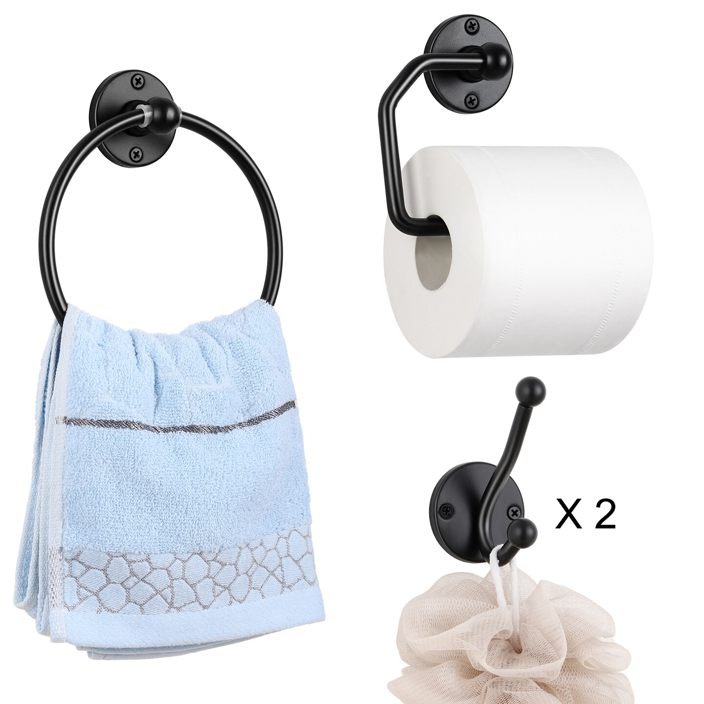 4-Piece Wall-Mounted Bathroom Accessories Set Matte Black Towel Ring, Toilet Paper Holder & 2 Double Robe Hooks Space-Saving Modern Bathroom Hardware