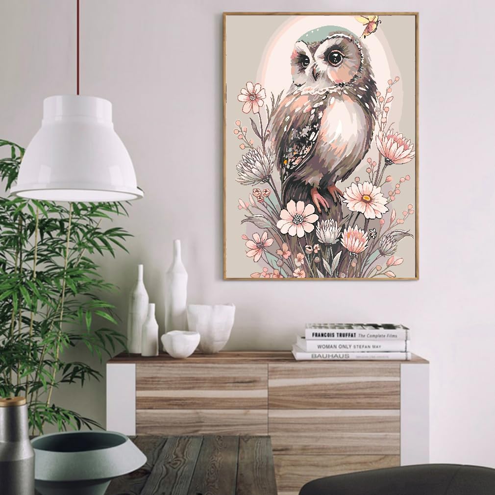 Owl Paint by Number Kit for Adult, Easy Owl Acrylic Paint by Numbers Kits on Canvas, Owl and Flowers Oil Painting Kits Adults' Paint-by-Number Kits for Home Wall Decor 16x20inch