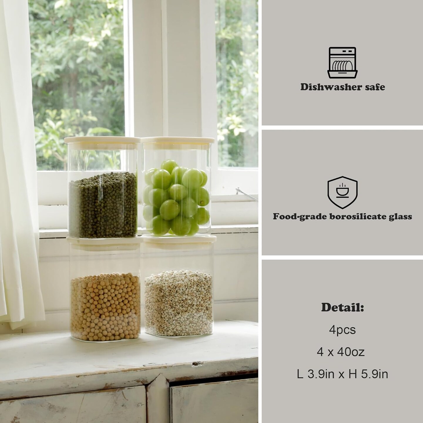 4pcs 40oz Square Pantry Glass Jars with Clear Airtight Lids Kitchen Canisters Sets for Flour, Sugar Refrigerator Safe