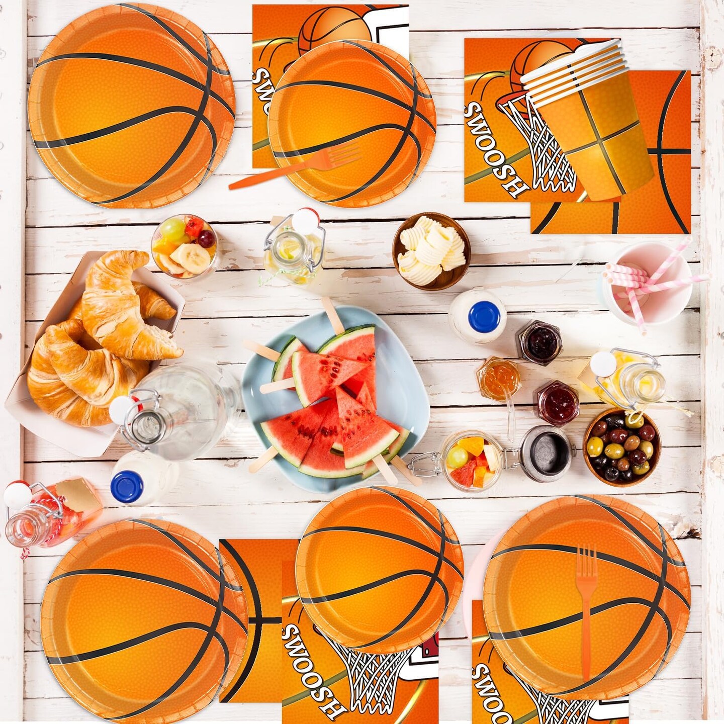 130 Pcs Basketball Party Supplies Basketball Party Decorations Plates Napkins Cups Forks Tablecloth Banner Hanging Swirl for Basketball Birthday Party Decorations, Serves 24