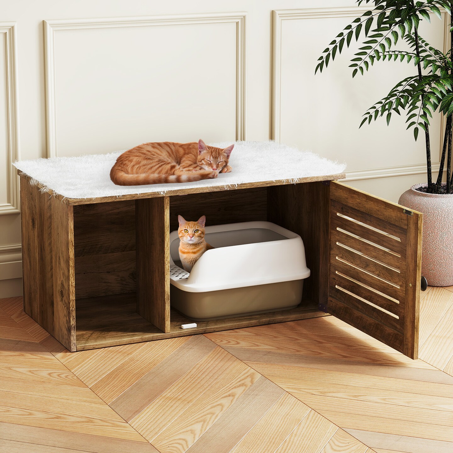 Oak Wooden Cat Litter Box Enclosure with Open Compartment and Louvered Shutter Door