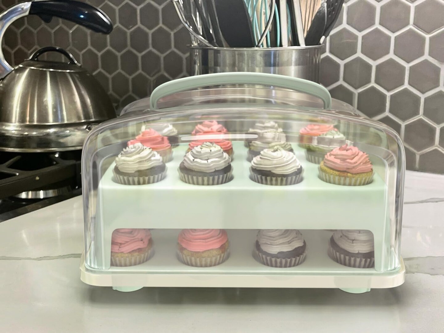 Box for MINI Cupcakes. NOT For Standard Size Cupcakes. Fashionable Green MINI Cupcake Carrier Holds 24 MINI-Size Cupcakes, MINI Cupcake Traveler, Reusable Cupcake Box