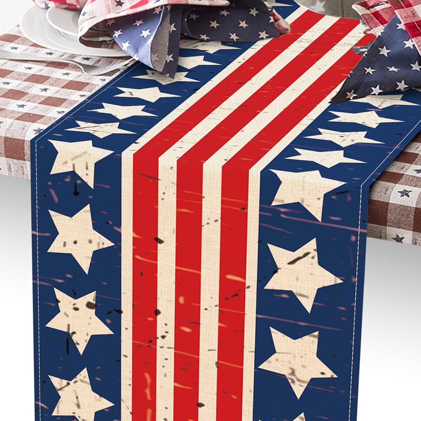 4th of July Dining Table Runner, Patriotic America Stars Stripes Burlap Kitchen Decoration, American USA Indoor Outdoor Home Decor Party Supply