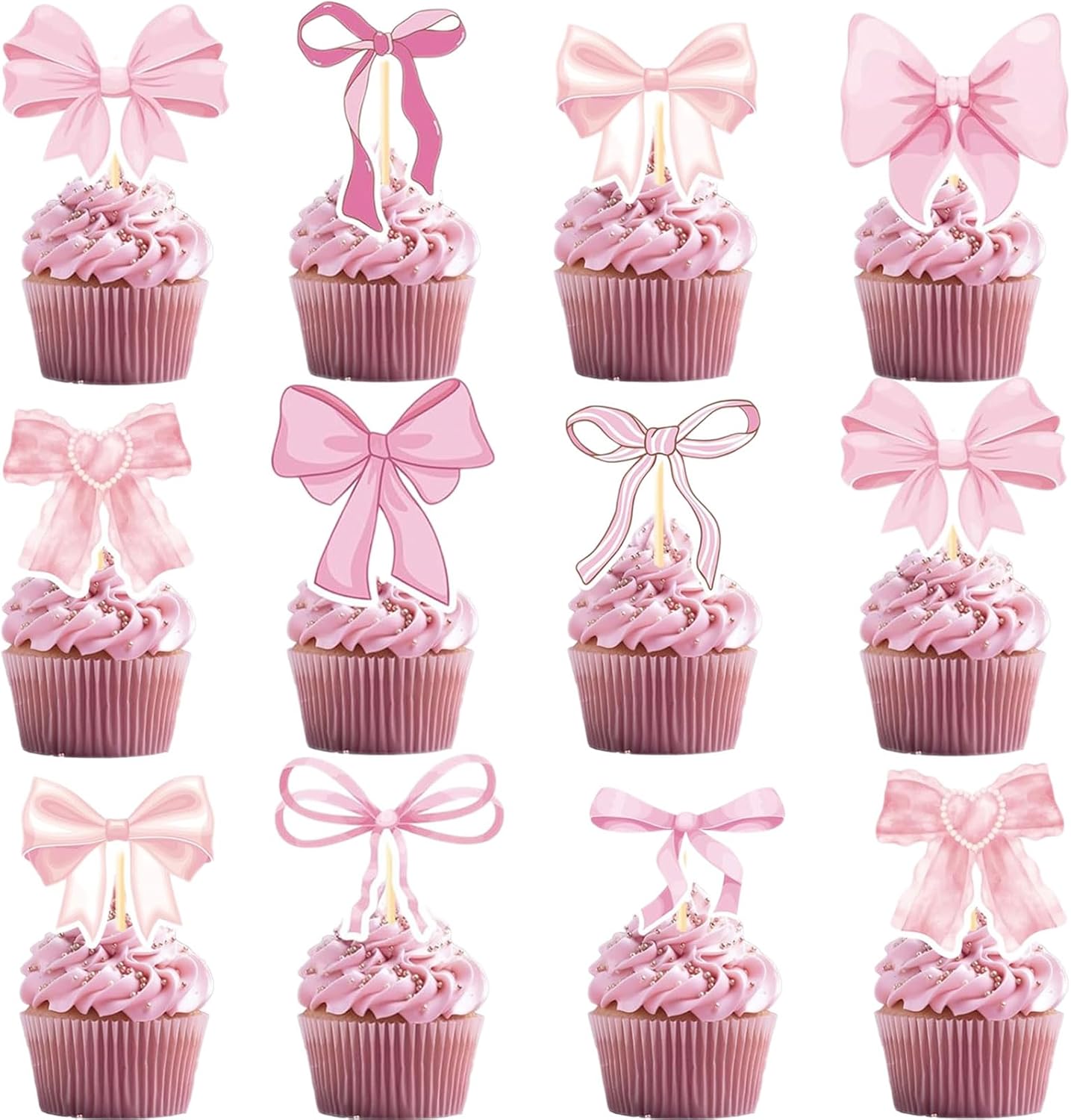Pink Bow Cupcake Toppers, Pink Bow Coquette Birthday Cake Decorations for Birthday Baby Shower Pink Bow Theme Party Decor (36)