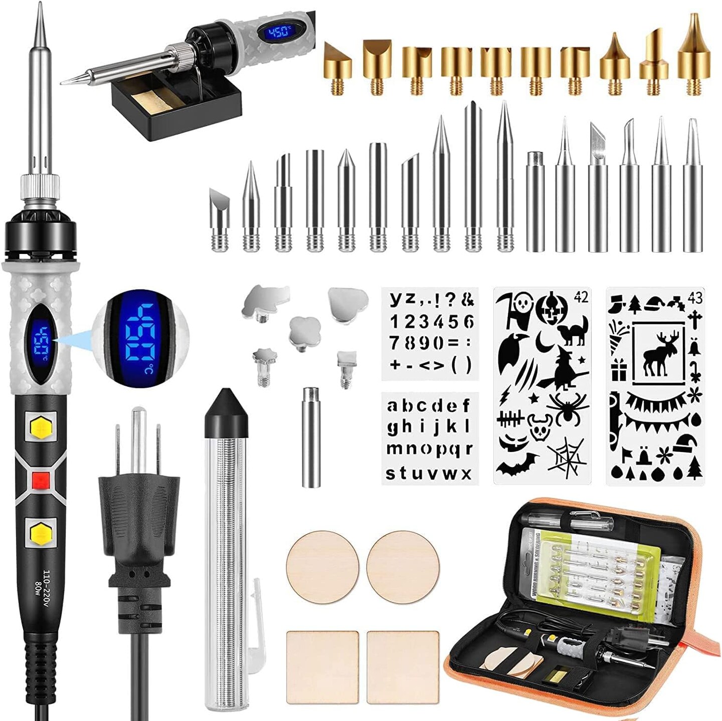 Pyrography Pen Kit 43Pcs, Soldering Iron Kit, Wood Burning Kit 80W with Adjustable Temperature 200~450&#x2103;, DIY Tool Set for Embossing/Carving/Soldering/Pyrography