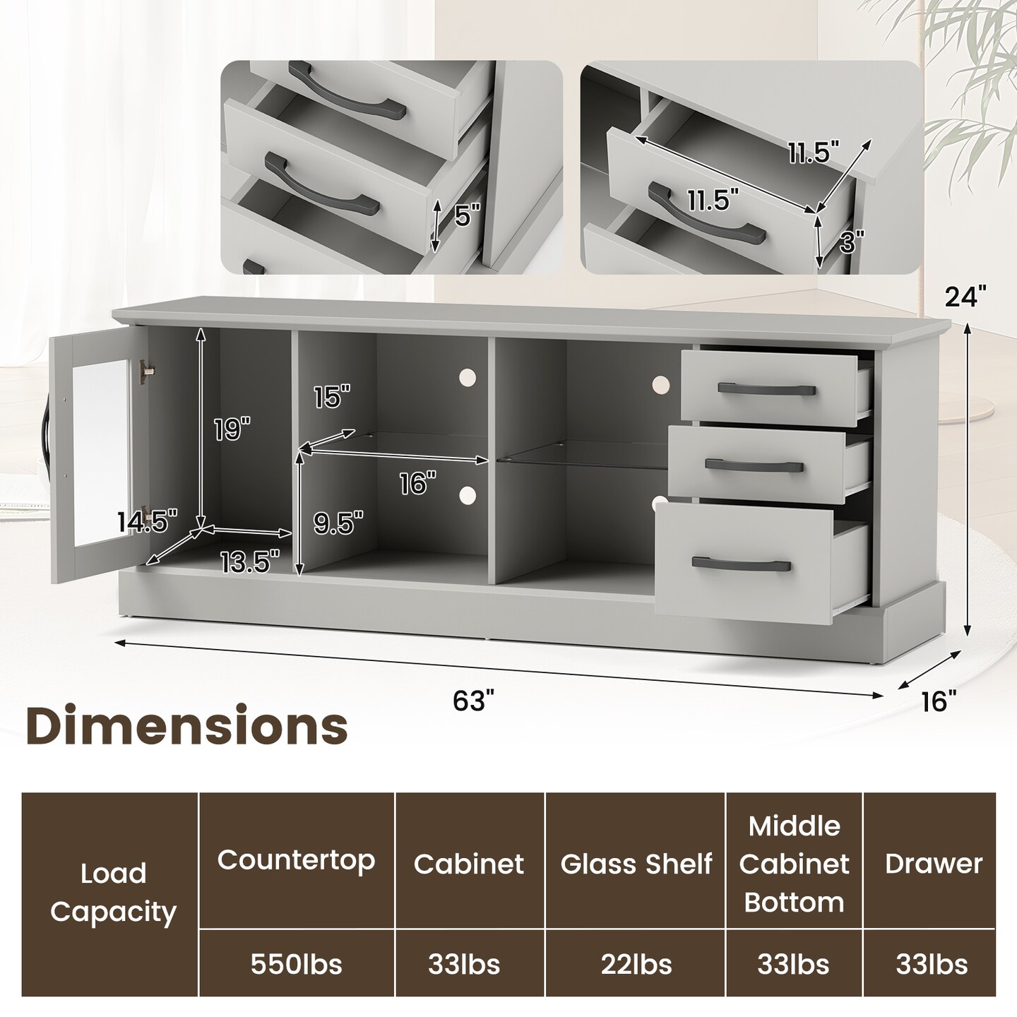 63 Inches Entertainment Center with 3 Storage Drawers and Removable Glass Shelves