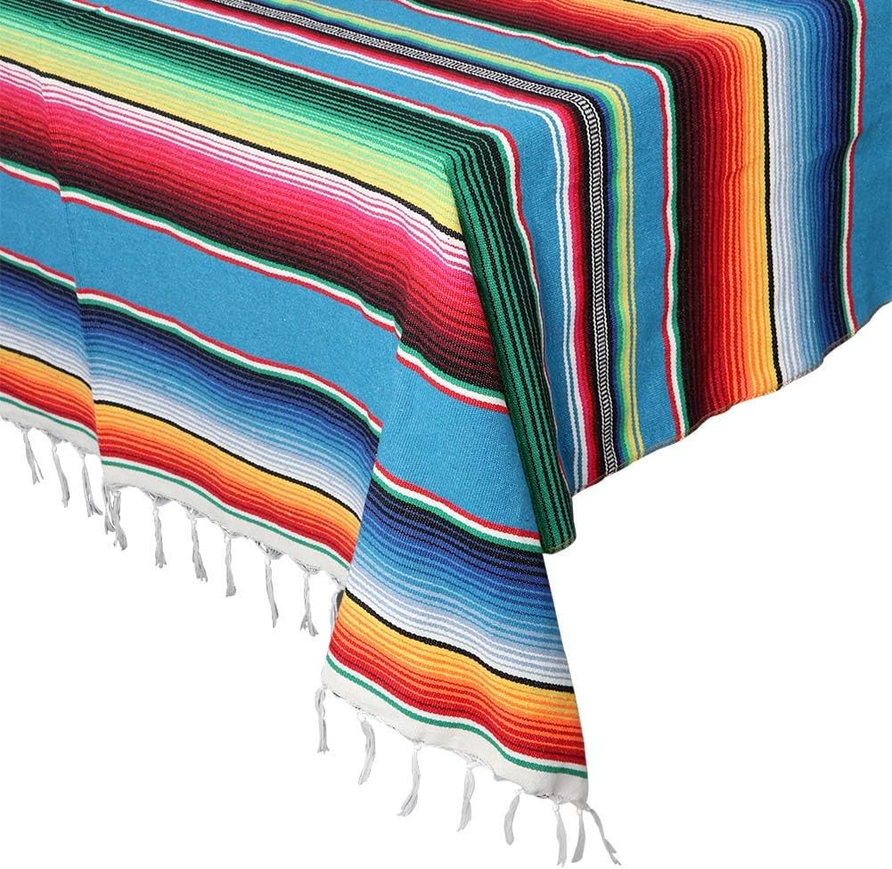 59 x 84 Inch Mexican Tablecloth Serape Blanket for Mexican Party Wedding Decorations, Large Square Cotton Fringe Table Cloth Colorful Mexican Blanket Outdoor Fiesta Table Cover Picnic (Blue)