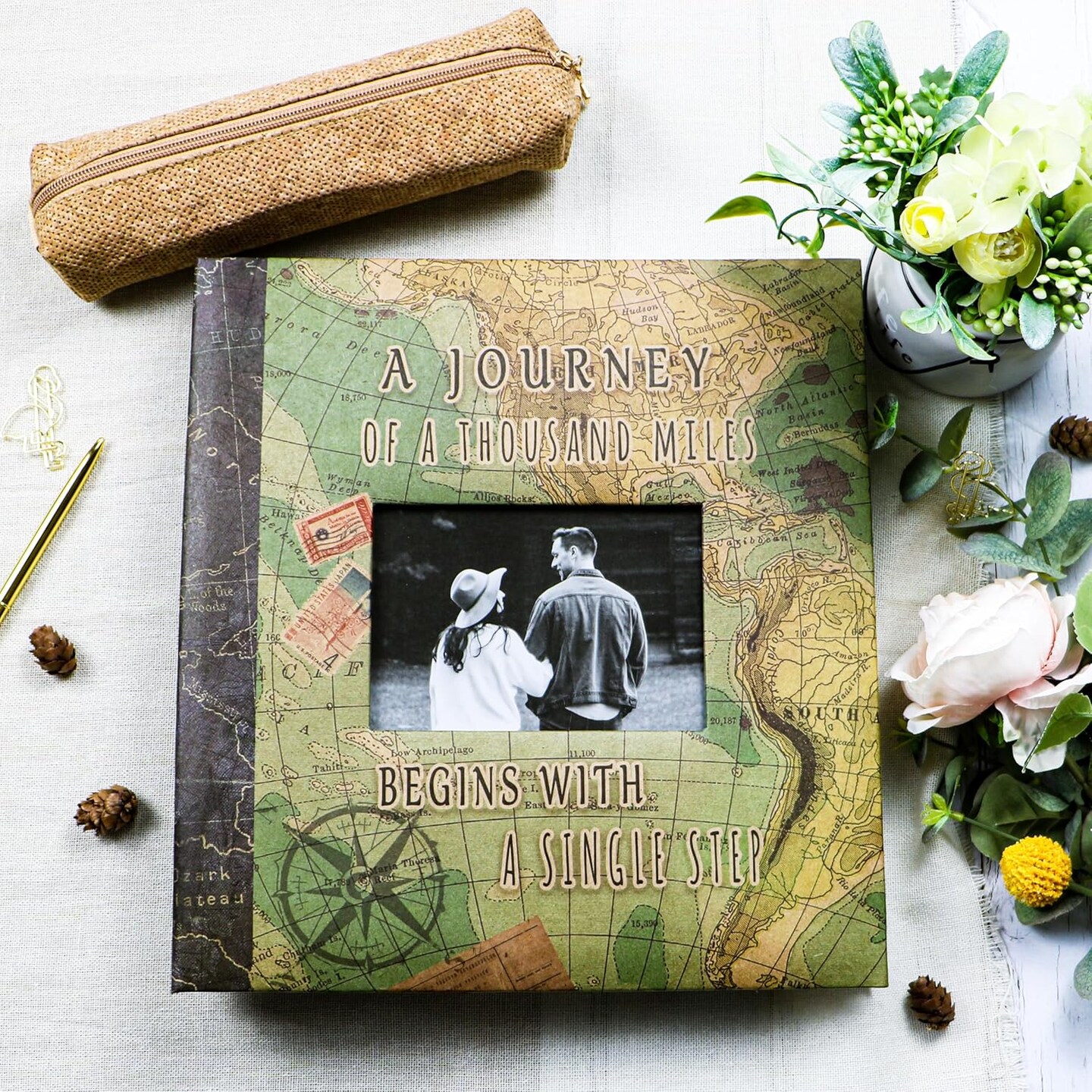 Adventure Scrapbook Album with Metallic Pen Magnetic Self-Stick Page Scrapbook for 3x5 4x6 5x7 6x8 8x10 Hand Made DIY 40 Pages Albums, Printed Kraft Paper Cover Memory Book (Map with Window)