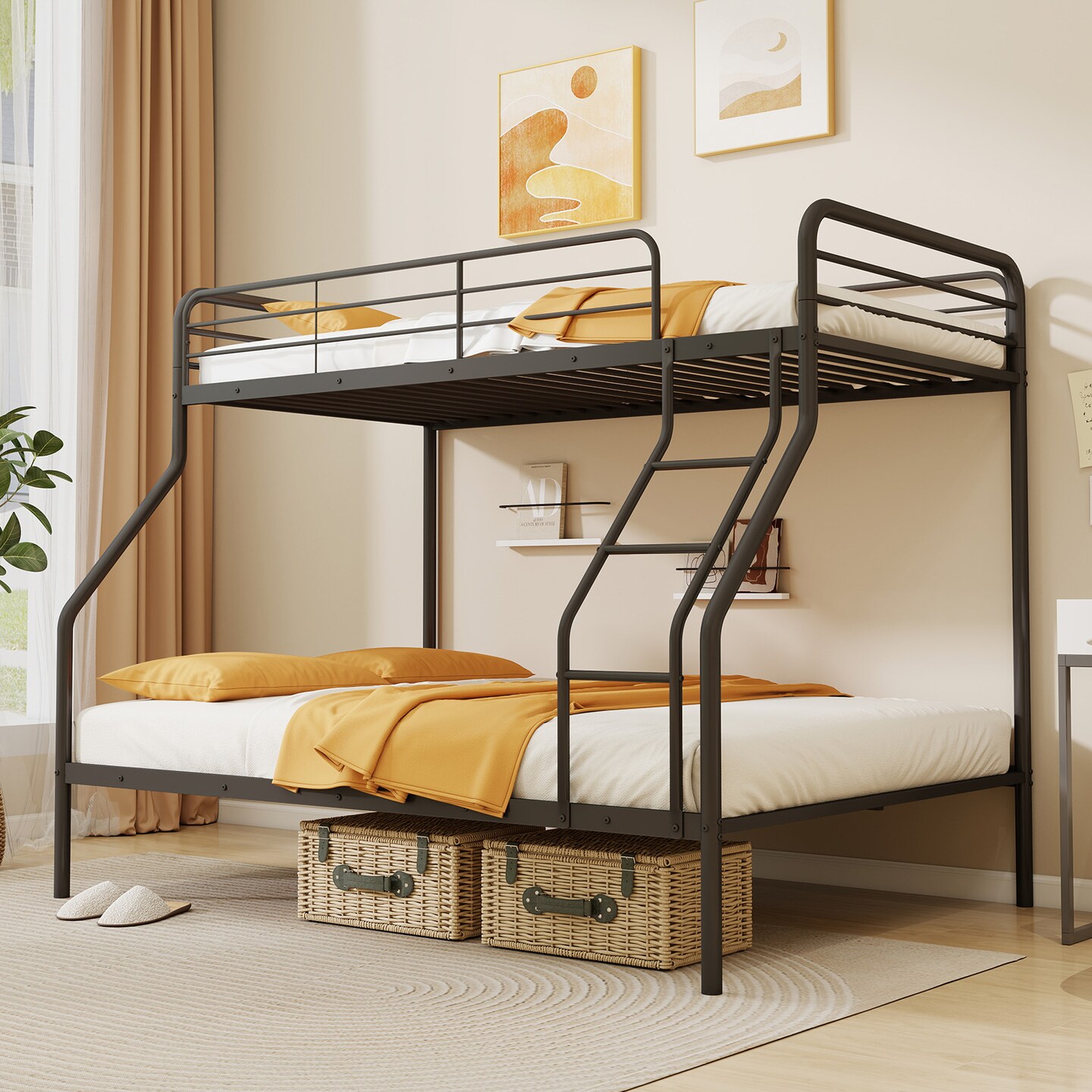 Twin Over Full Metal Bunk Bed with Guardrails, Ladder, Storage Space and Sturdy Construction