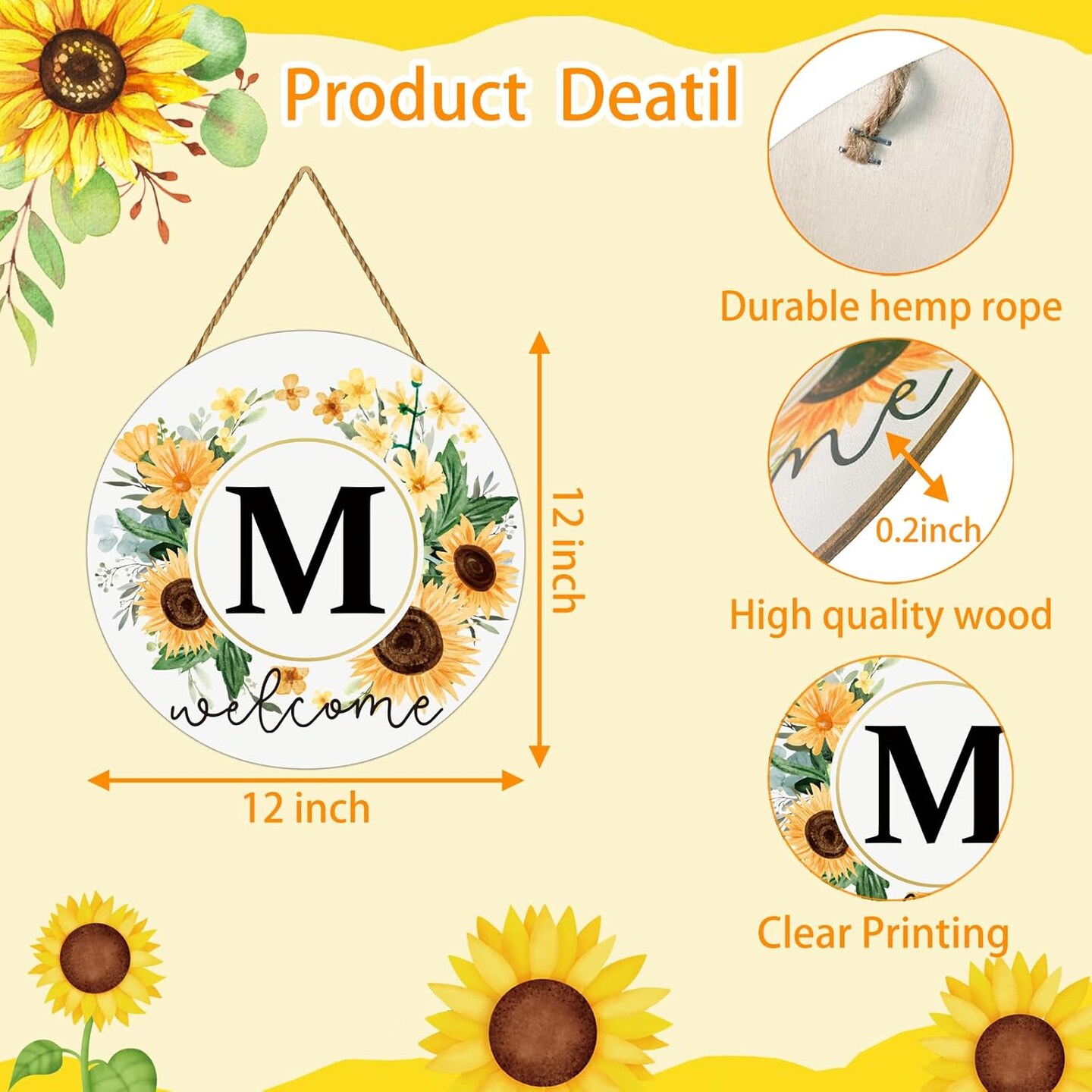 Sunflower Decor Monogram Letter M Wreaths for Front Door Wreath Wooden Welcome Sign for Front Door Decor Floral Last Name Initial House Warming Summer Porch Rustic Wall Home Kitchen Decorations