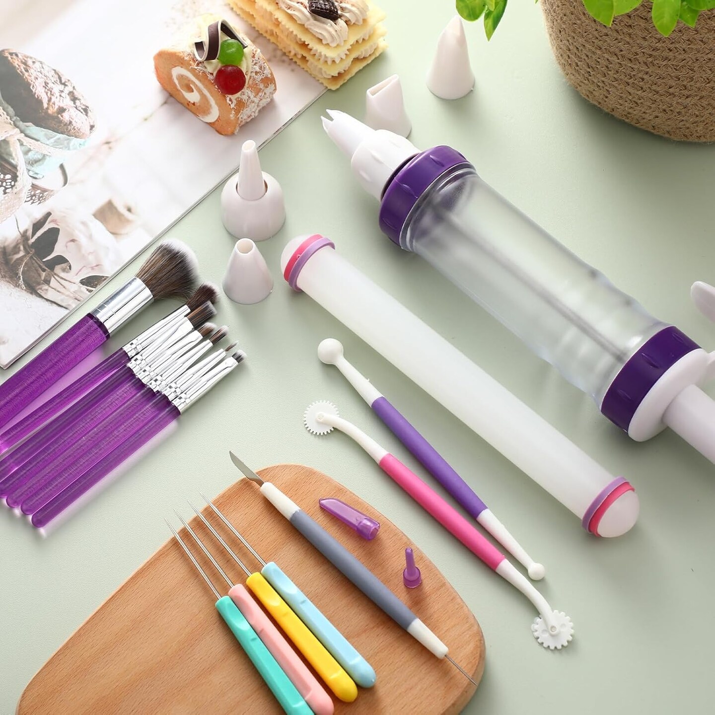 16 Pcs Cake Decorating Tool Set Include Dessert Decorating Syringe Cookie Decoration Brushes Sugar Stir Needle Scriber Fondant Paste Tool Rolling Pin for Cookie Cake Supplies