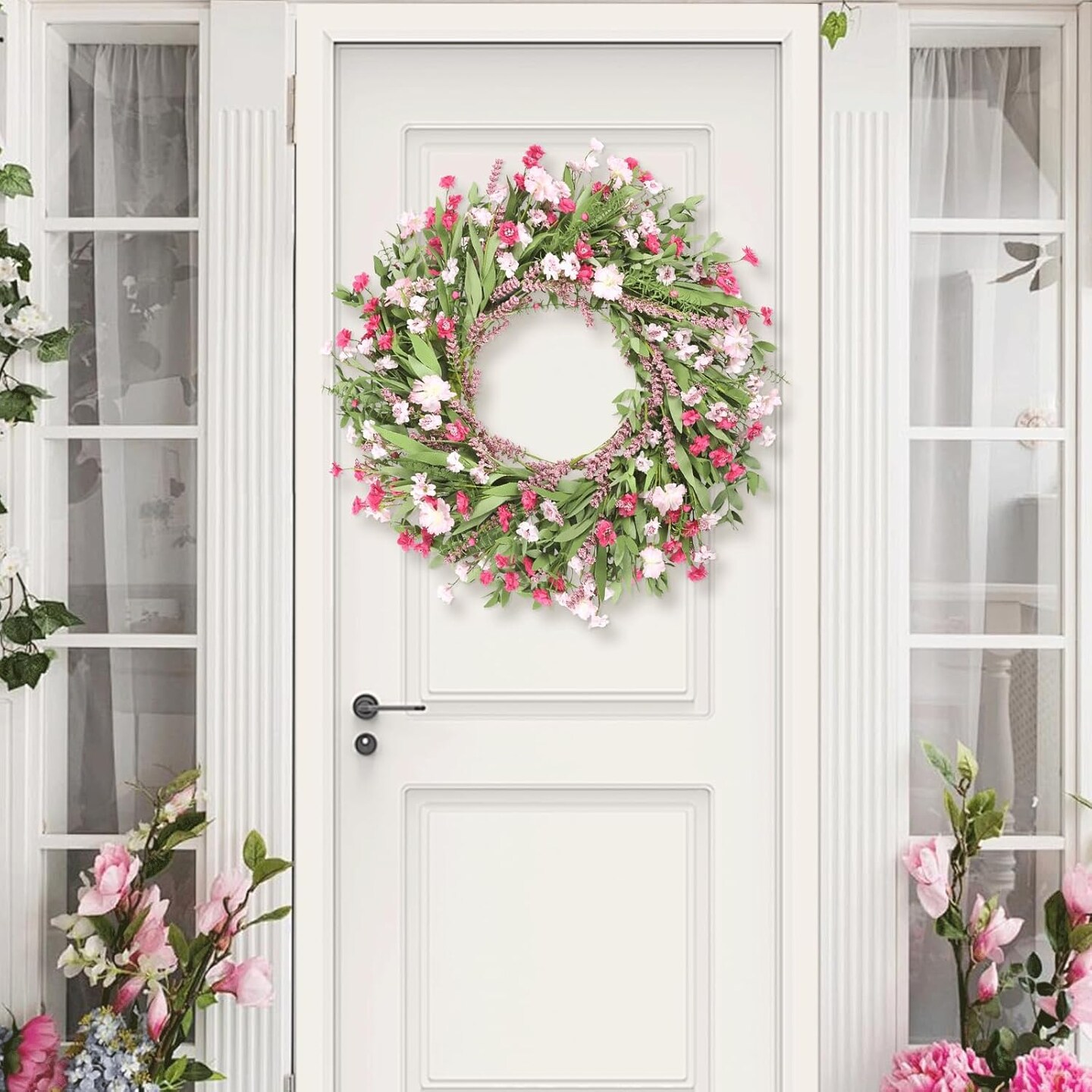 26&#x22; Spring Wreaths for Front Door Artificial Floral Wreath with Wildflowers Decorations for Indoor Outdoor Window Wall Farmhouse Porch Home Decor Cherry Blossom Pink