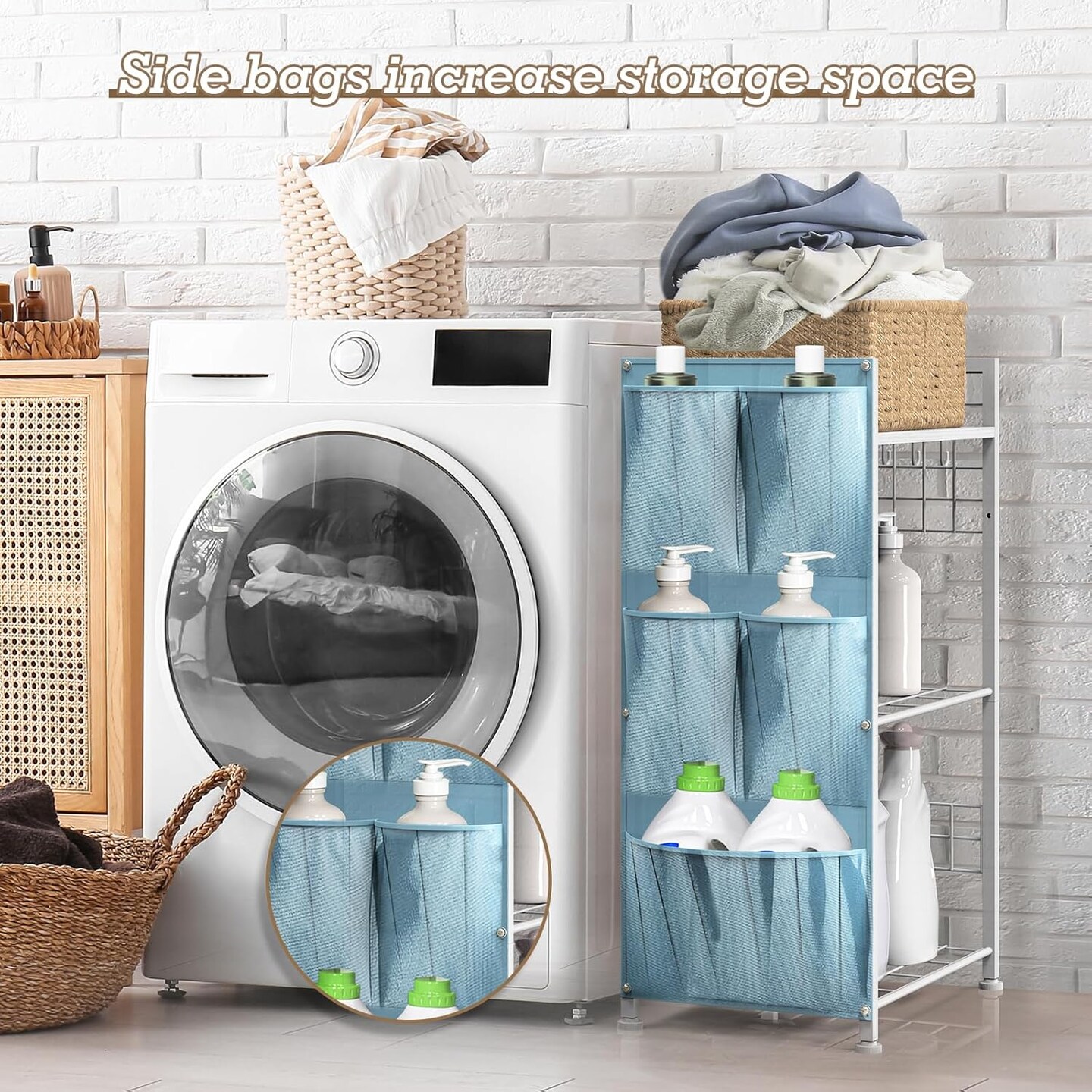 3-Tier Laundry Room Storage Rack with Hooks & Storage Bags - White Space-Saving Shelves for Detergent, Towels, Supplies - Multifunctional Organizer for Bathroom, Kitchen, Garage