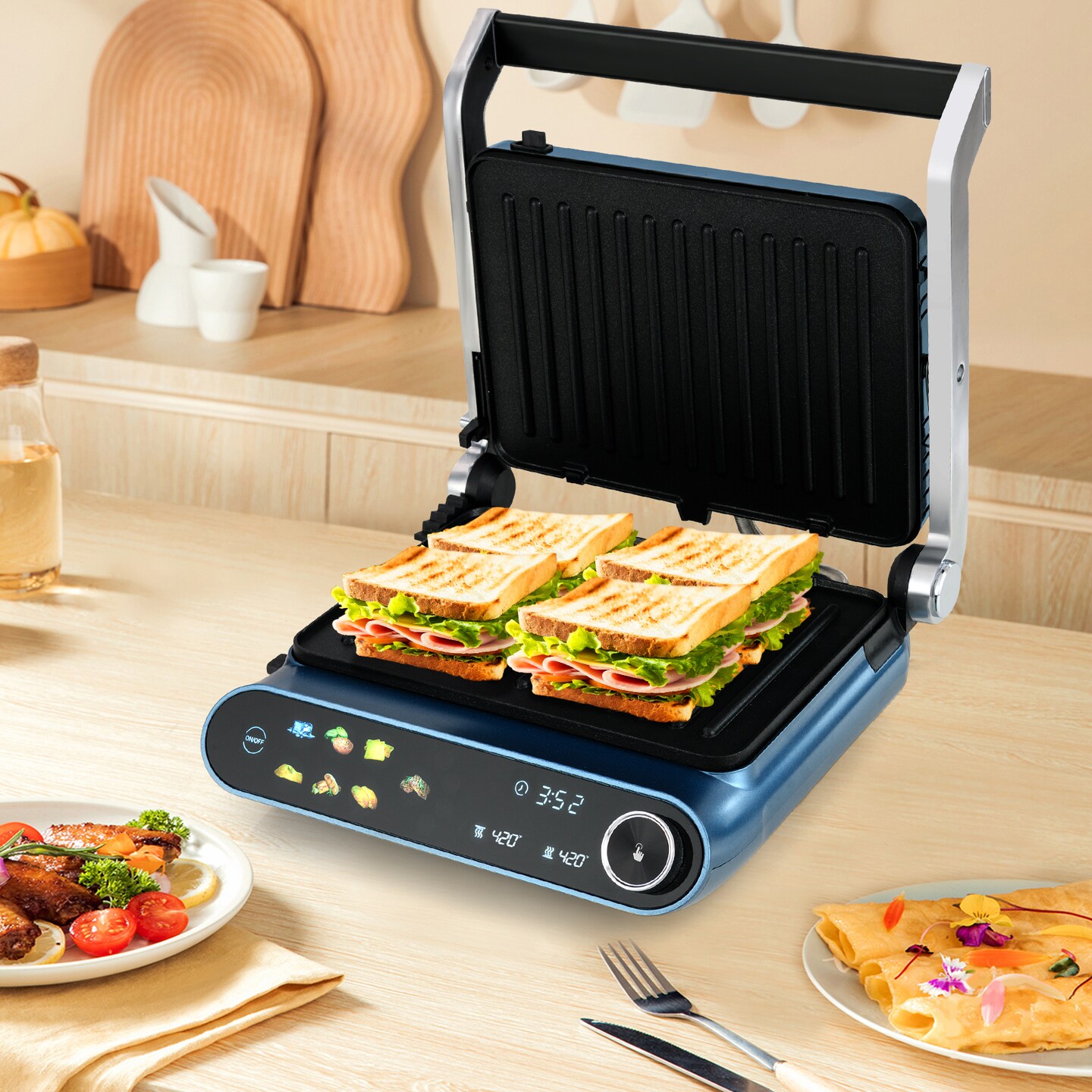 7-in-1 Electric Indoor Panini Press Grill &#x2013; 1200W Contact Grill with Smart LED Display &#x26; Removable Plates