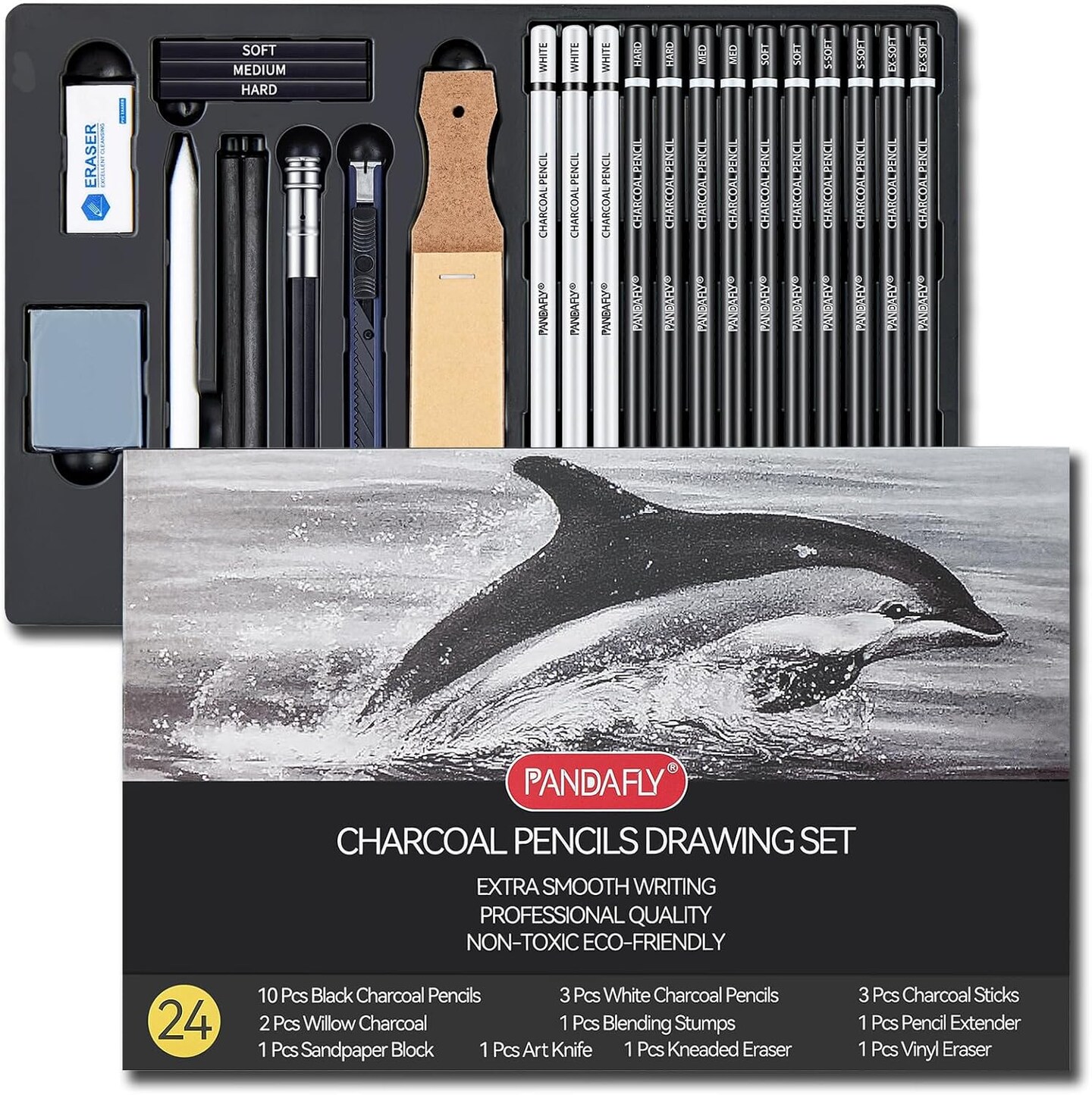 Charcoal Pencils Drawing Set, 24 Piece Black &#x26; White Charcoal Pencils for Drawing, Sketching, Shading, Blending, Artist Pencils for Kid, Beginners &#x26; Pro Artists