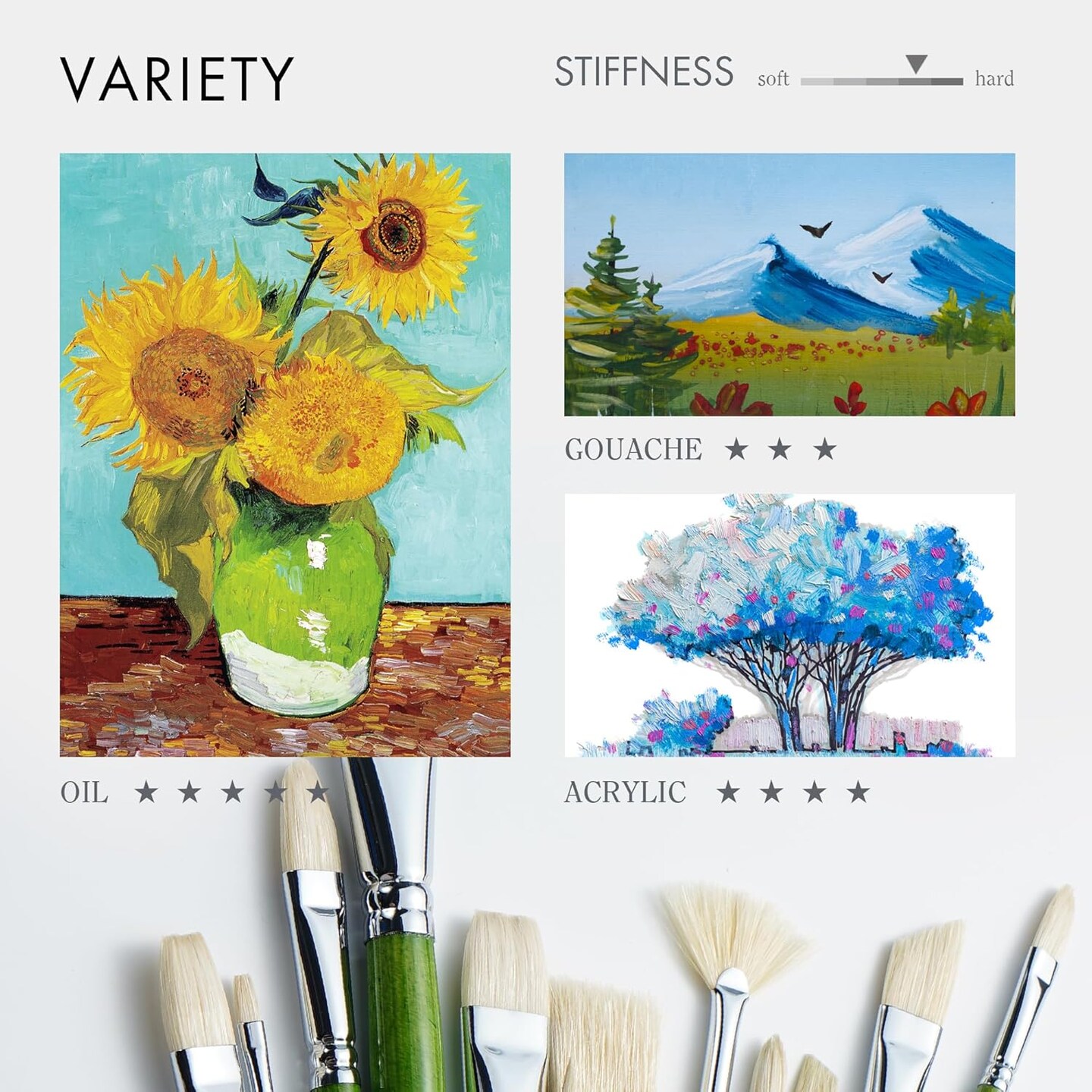 ARTIFY Oil Paint Brushes Set, Acrylic Paint Brushes with Long and Heavy Handle, 15 Pcs Professional Natural Chungking Bristle Paintbrush Set, for Oil and Acrylic Gouache Painting, Green