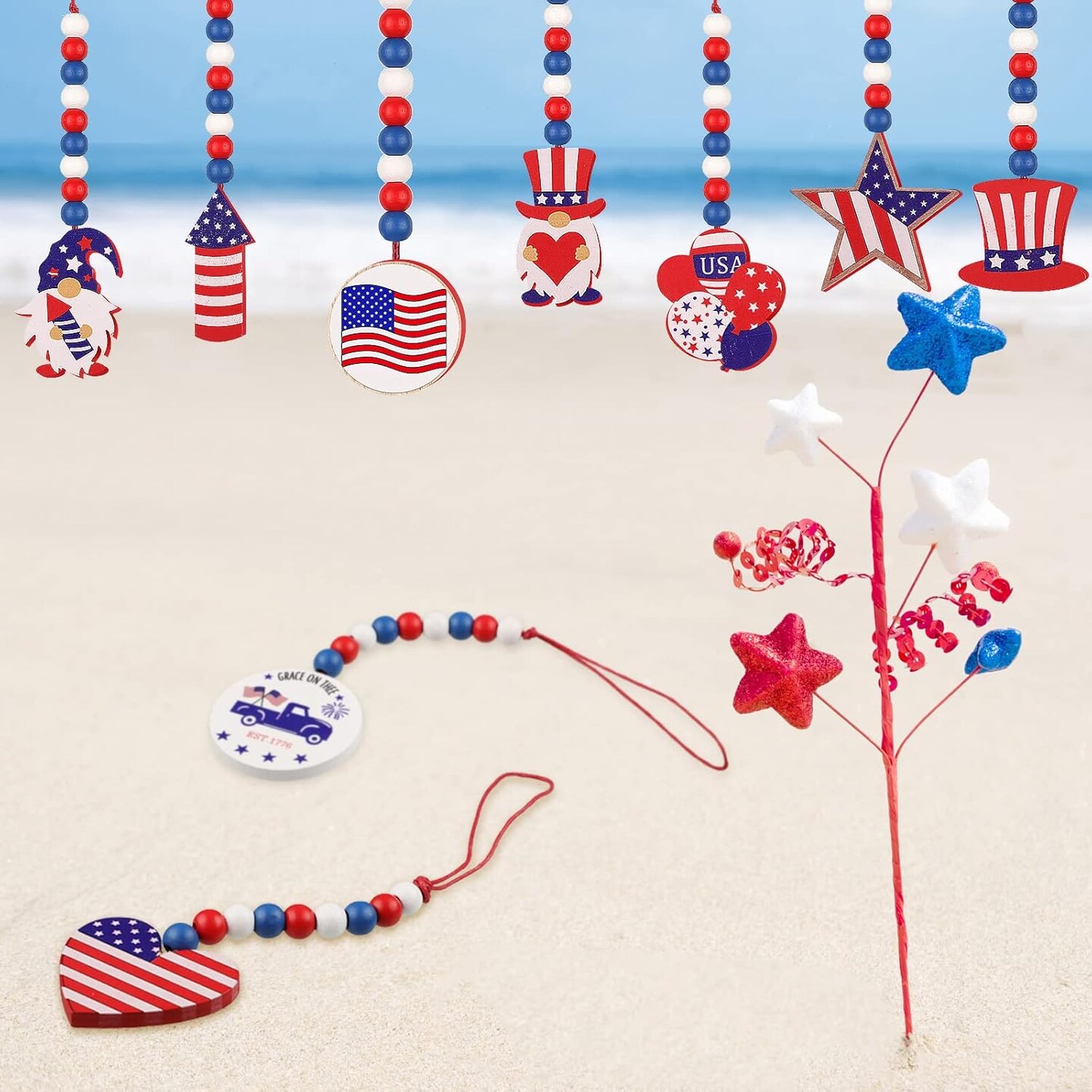 12 Pieces Independence Day Wood Bead Garland with Wooden Tag 4th of July Patriotic Wooden Bead Hanging Ornaments American Flag