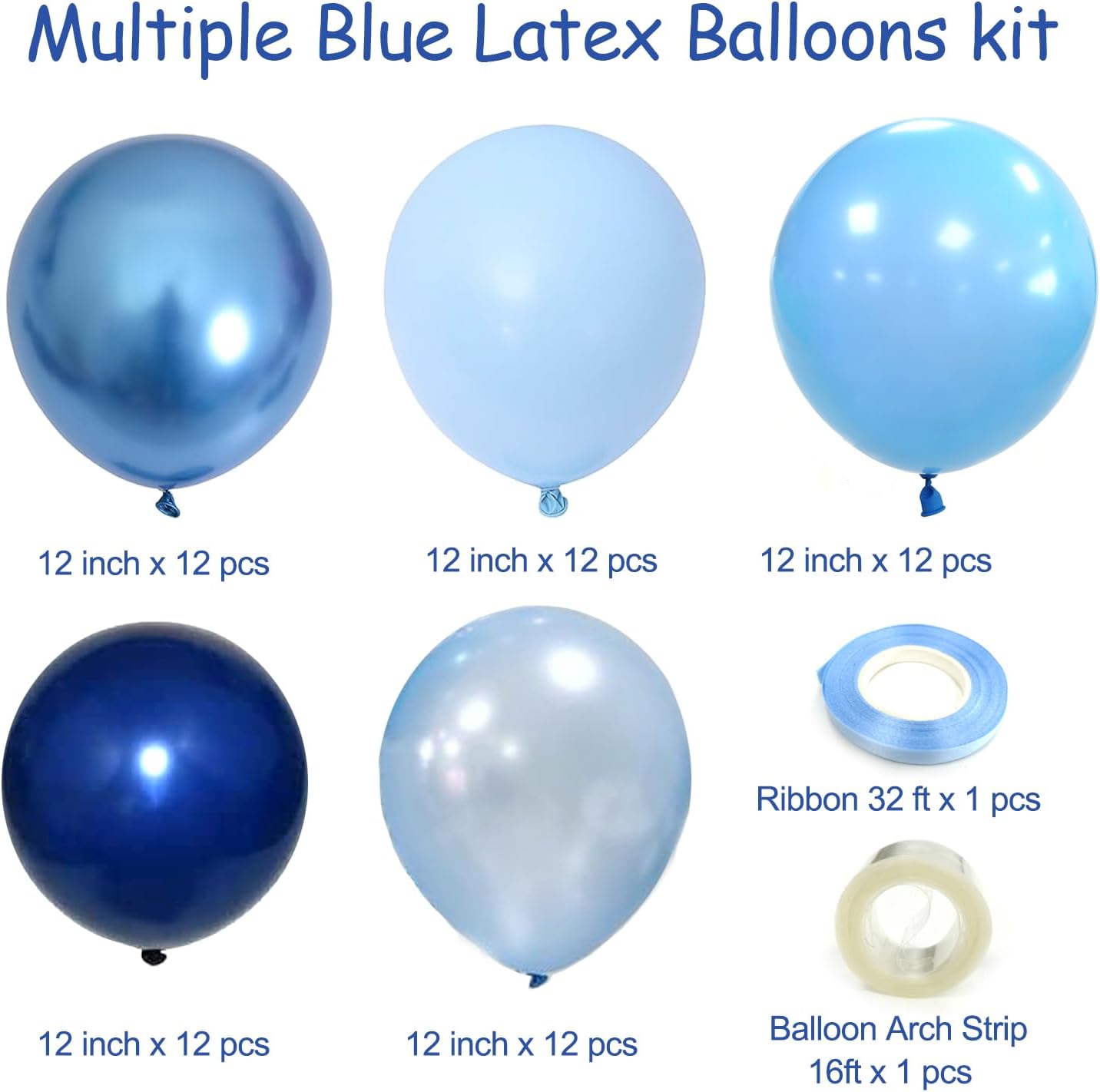 60Pcs 12Inch Chrome Blue Balloons Kit Macaron Baby Pearl Navy Blue Latex Balloons