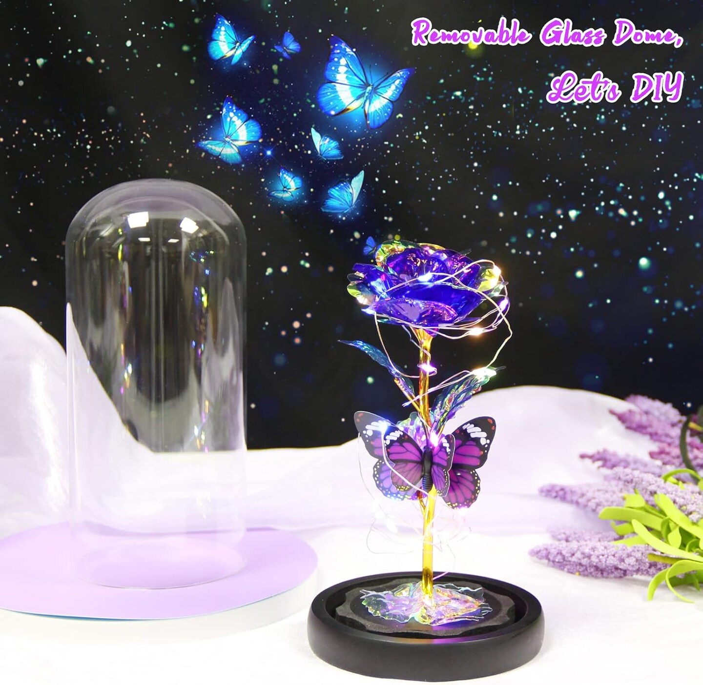 Purple Butterfly Rose Flower Birthday Gifts - Women Gifts for Her Mothers Day Valentines Anniversary Christmas Thanksgiving - Light Up Rose Flower Gifts for Mom Wife Grandma Girlfriend Daughter Sister