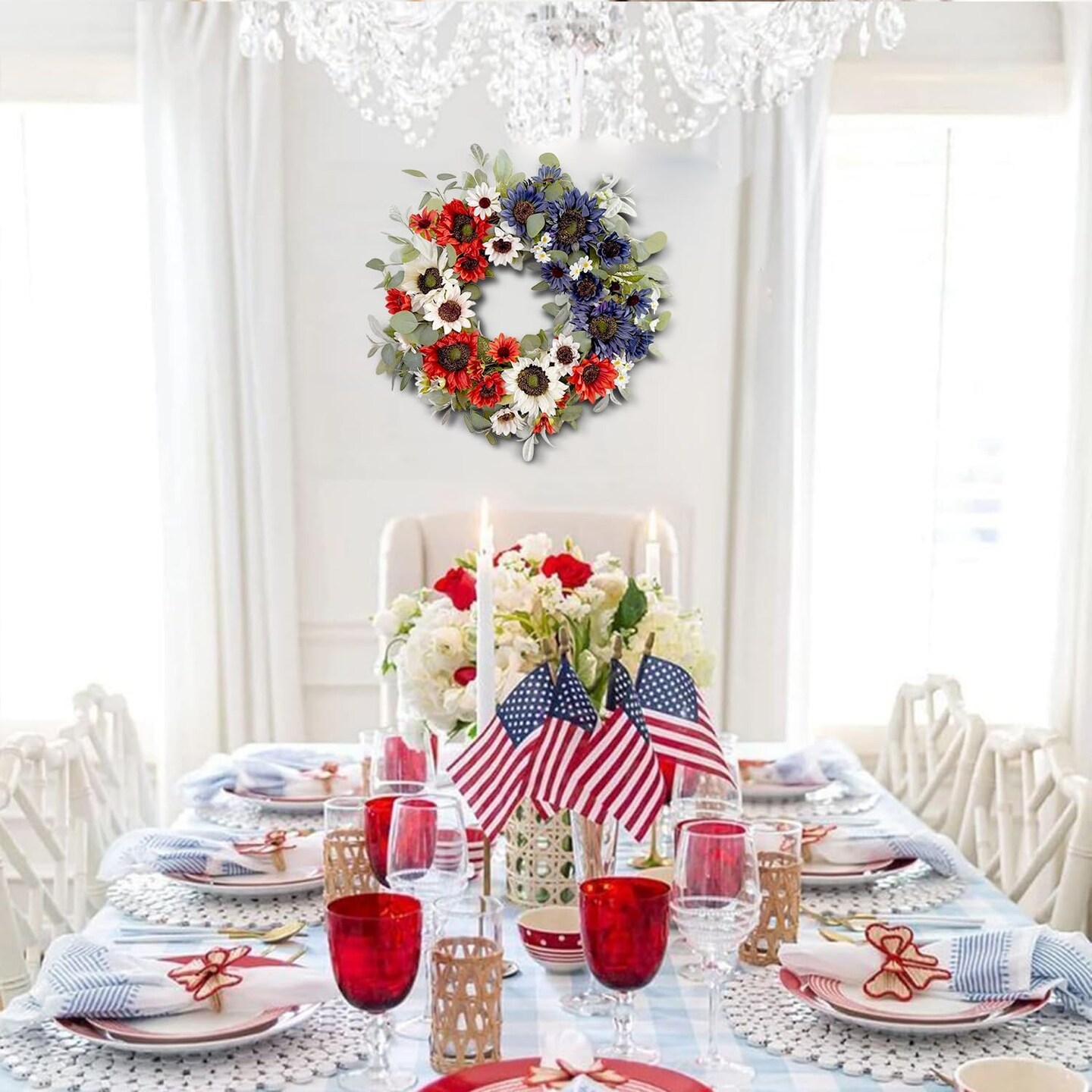 24in Patriotic Sunflower Wreath, Red White Blue, 4th of July Decor