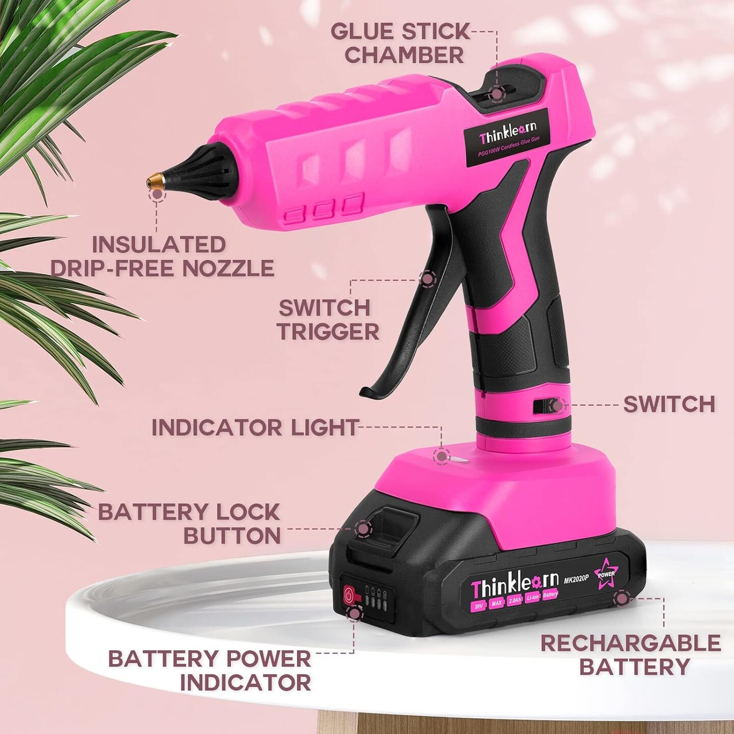 Hot Glue Gun, 20V Pink Cordless Glue Gun with 30 PCS Full Size Glue Sticks, 2Ah Rechargeable Battery Glue Gun Kit for DIY, Arts &#x26; Craft, Decorations, Gift for Women
