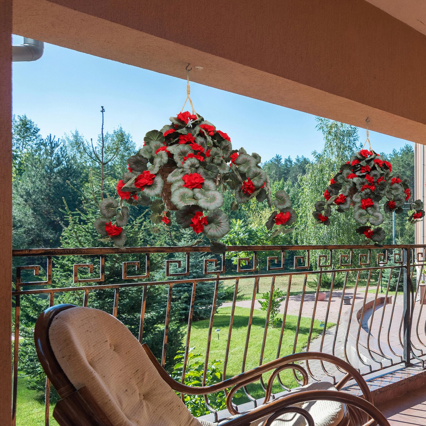 25" Red Hanging Geranium Basket – Lush Silk Flowers for Indoor & Outdoor Home Décor
