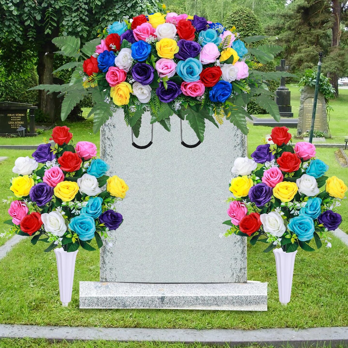 Artificial Cemetery Flower Saddles,Artificial Silk Flower Arrangement for Headstones,Cemetery Memorial Flowers with Vase for Grave Tombstone Decorations (Colour, 1 Saddle 2 Bouquets)