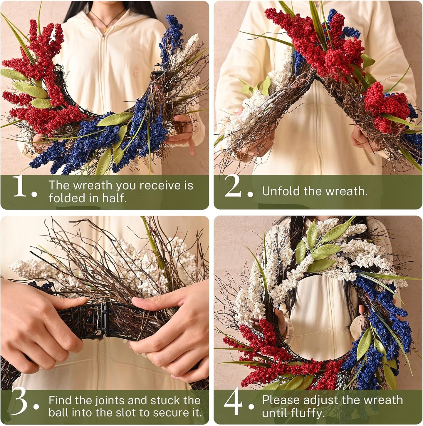 Patriotic Memorial Day Wreath for Front Door Wall Decor 20 Inch 4th of July Wreaths with Lights, Collasible Red White Blue