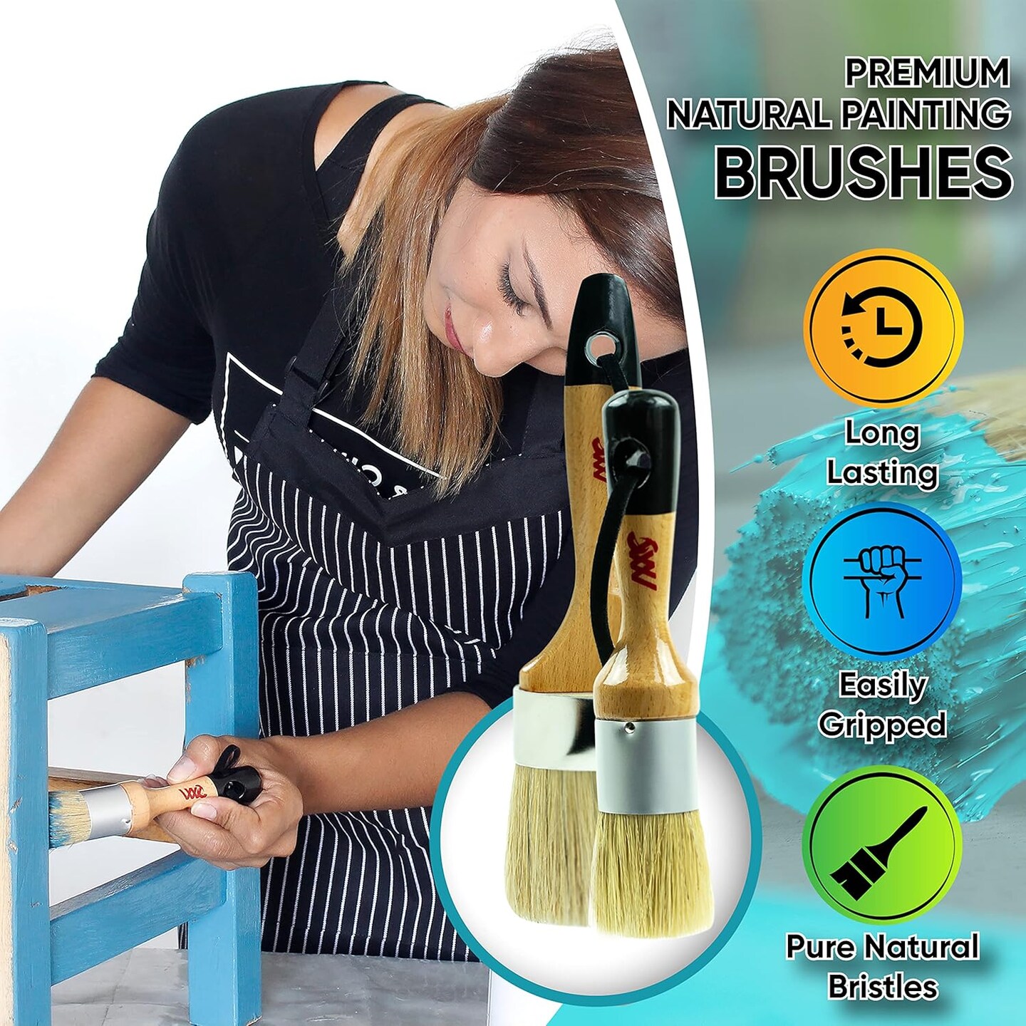 Chalk Paint Brushes Set, Pack of 2 Wax Brush - 2.5 Inches Large, Natural Bristles, Perfect for Furniture Painting, Stencils, Waxing - No Shedding, Superior Paint Pick-Up & Release (2)