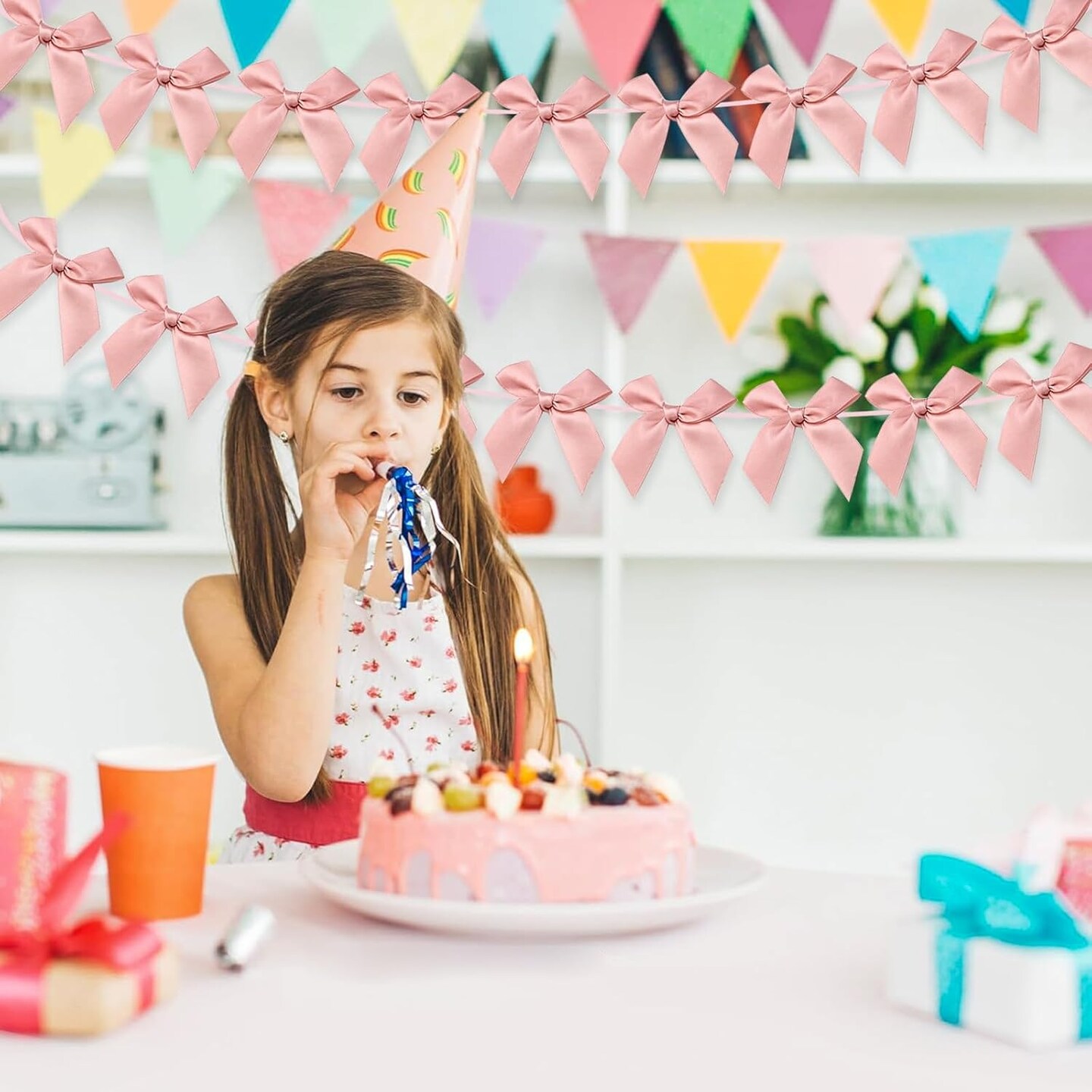 2-Pack Bow Garland Banner – Peach Pink Ribbon Bow Decorations for Baby Shower, Girls’ Birthday, and Coquette-Themed Parties