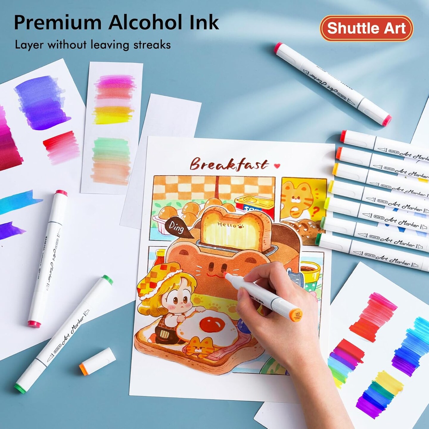 Art Alcohol Markers Brush tip, Dual Tip Brush &#x26; Chisel Tip Art Marker Set, 50 Colors plus 1 Blender Permanent Marker Pens with Case Perfect for Illustration Students Adults Coloring