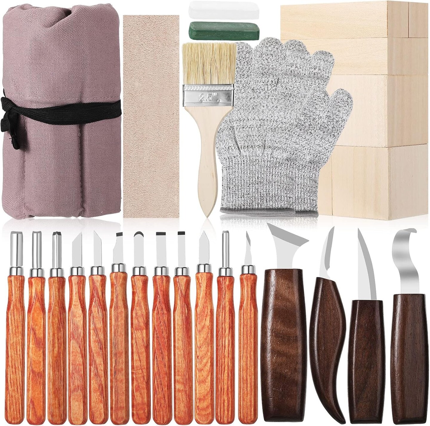 30 Pcs Wood Carving Tools Whittling Kit Include Hand Carving Knife Set Wood Blocks Cut Resistant Gloves Sawdust Brush Sharpening Stone Polishing Wax Sharpening Leather Storage Bag for Beginners