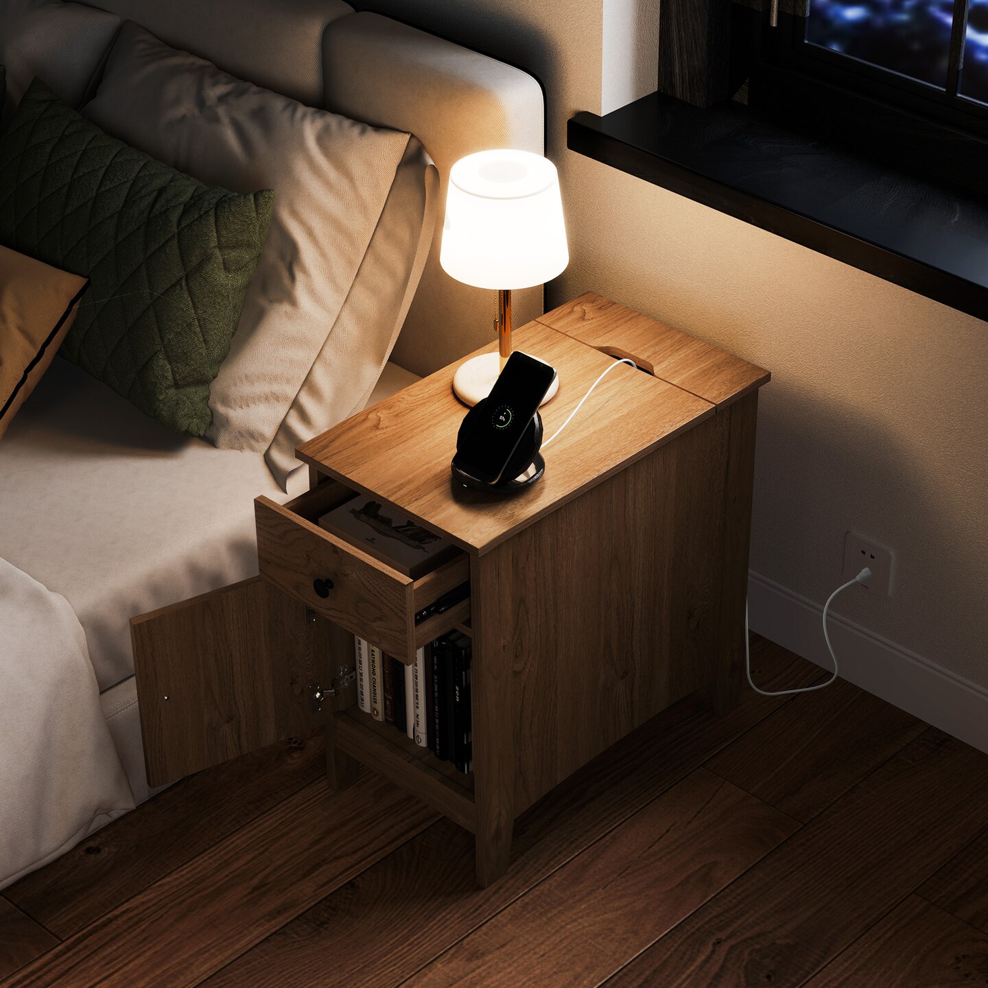 Flip Top Beside End Table with Charging Station Power Outlets and Pull-Out Drawer and Cabinet