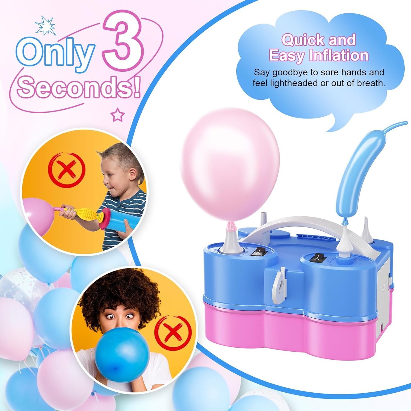 Electric Balloon Pump 3-in-1 Portable Air Balloon Pump for Latex 260Q Long Foil Balloons, 110V Automatic Dual Nozzle Inflator Deflator Inflatables, Pool Floats Raft, Air Mattress (Blue Pink)