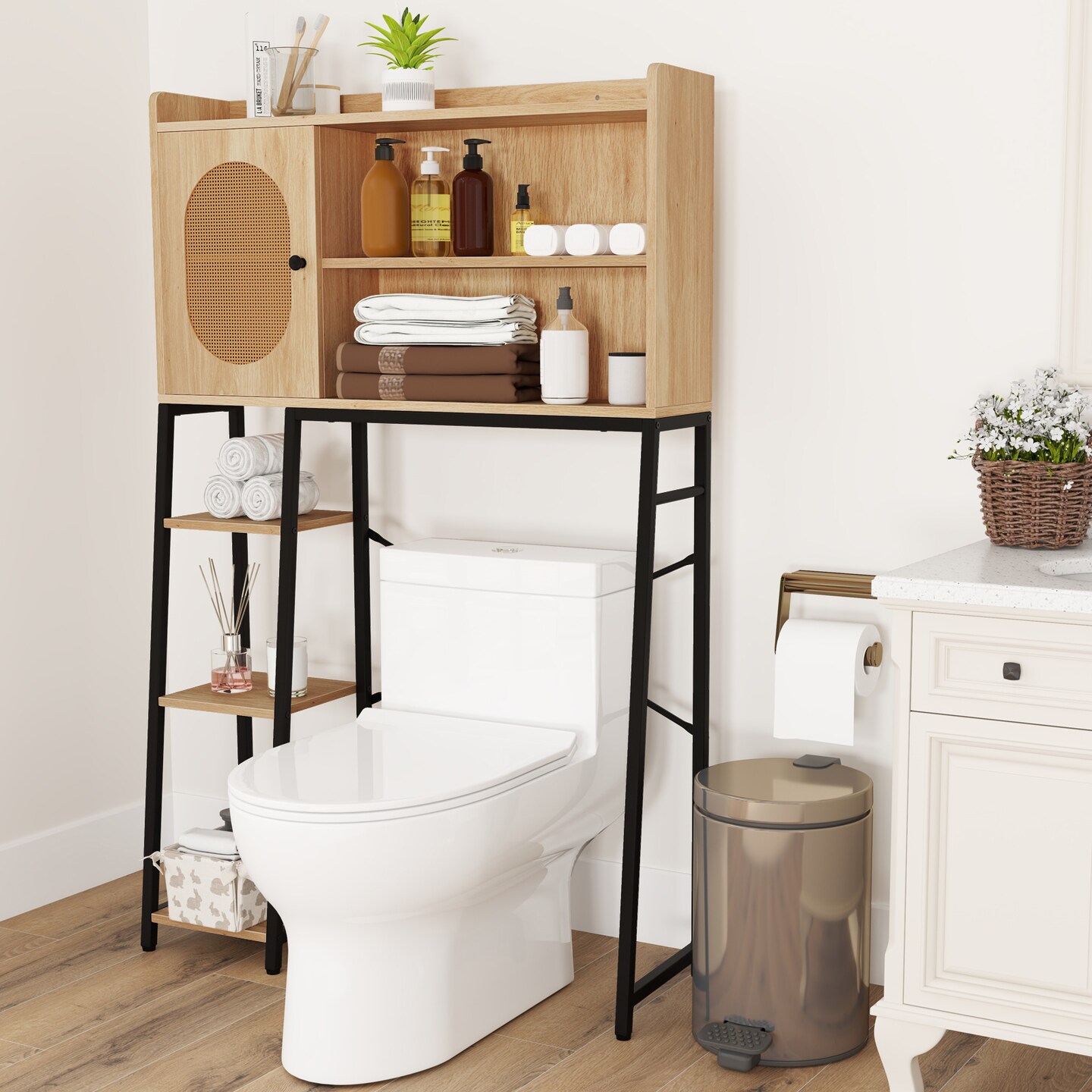 Natural PE Rattan and Engineered Wood Toilet Rack with Adjustable Shelves