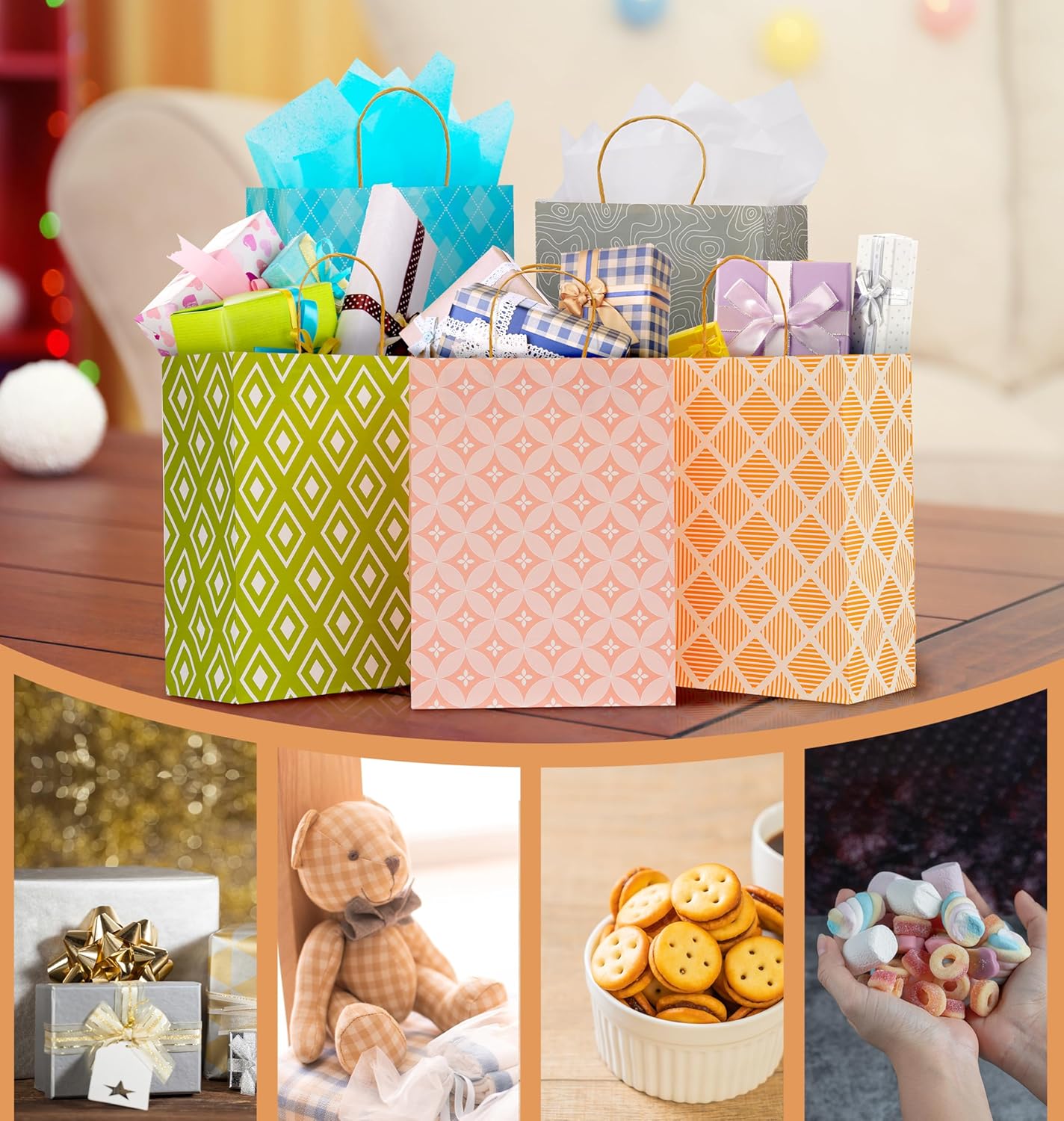 12-Pack 13" Large Kraft Paper Gift Bags with Handles & Tissue Paper – Assorted Solid & Geometric Designs for Birthdays, Holidays, Anniversaries & Special Occasions (multi)