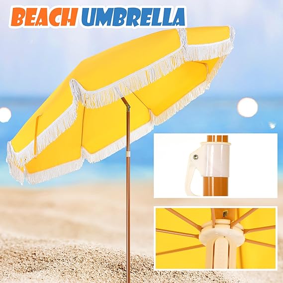 Summer Beach Umbrella with Fringe, Yellow Outdoor Tassel Umbrella with Tilt Button UPF 50+ UV Summer Supply for Outdoor Patio Picnic Beach Garden Lawn Pool