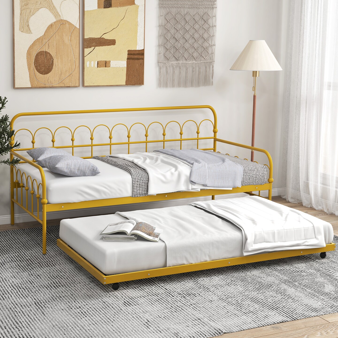 Golden Metal Daybed with Trundle, Lockable Wheels, and 330 lbs Load Capacity