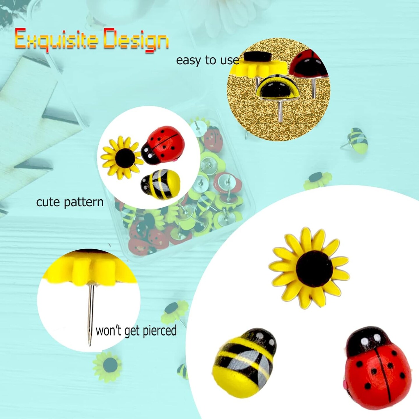 50 Pcs Animal Push Pins, Bee Pushpins Sunflower Thumbtacks Decorative Bumble Bee Shaped Floret Thumb Tacks Decorations for Photo Wall Memo Cork Board Bulletin Board Map with Box