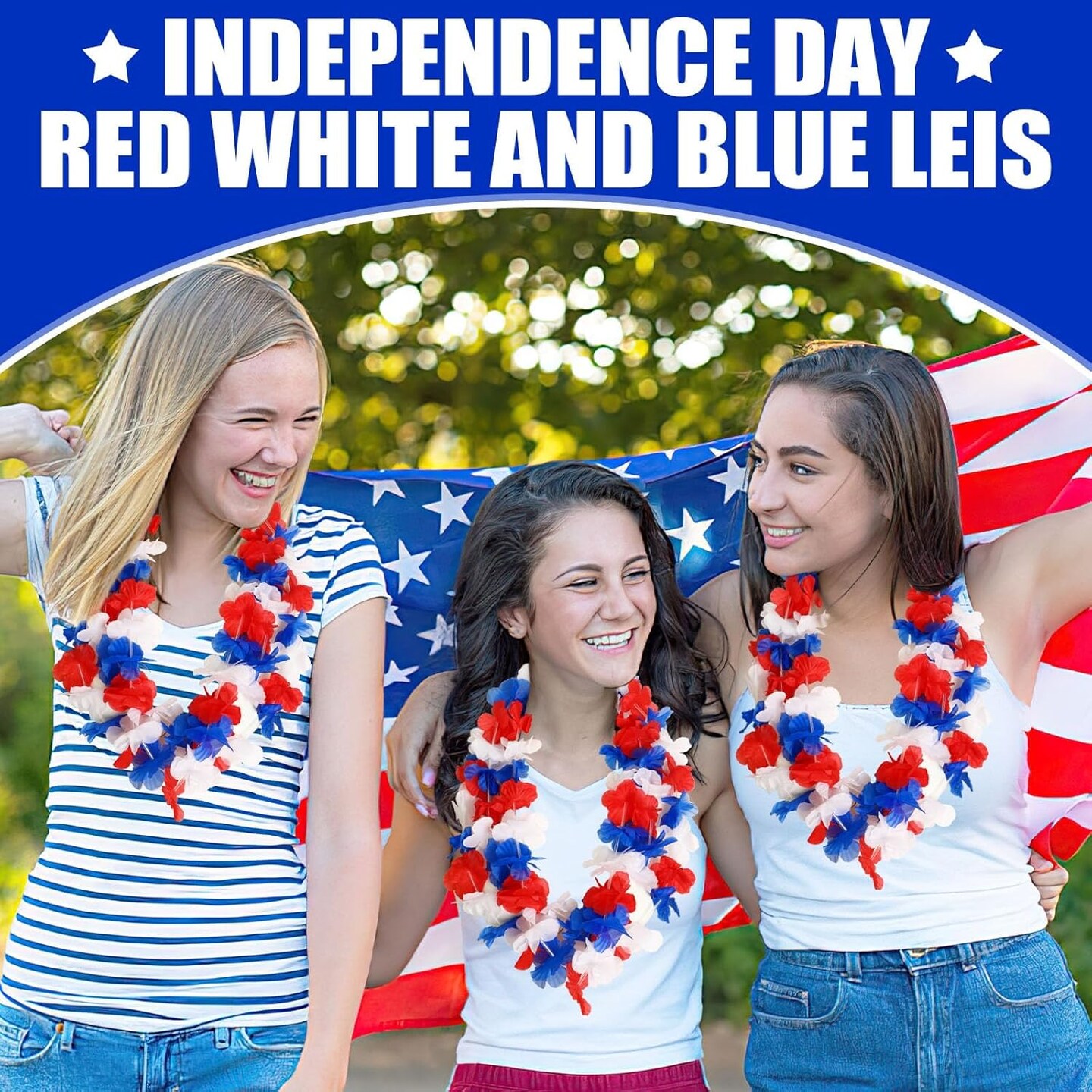24 Pack Patriotic Leis Red White and Blue Flower Leis, 4th of July Garlands Hawaiian Luau Flower Necklaces Bulk for Fourth of July, Memorial Day, Independence Day Decorations Party Favors
