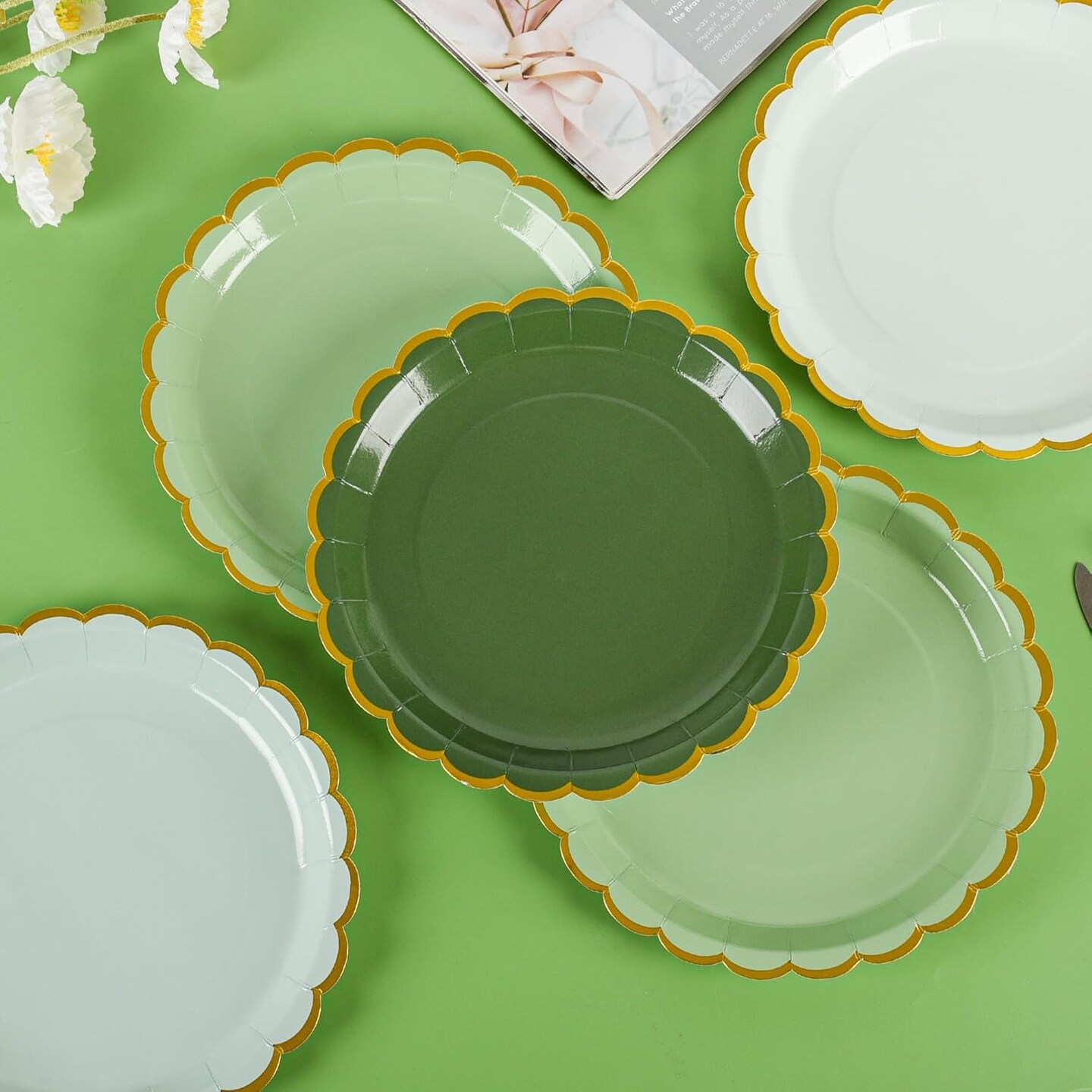 Summer Sage Green Scalloped Party Plates Gold Foil Border Paper Plates Disposable 9inch Gradient Green Serving Plates (24, Sage Green)