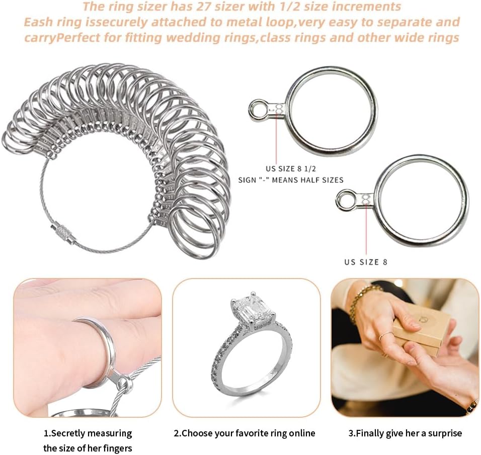 Metal Ring Mandrel Kit with Rubber Mallet, Finger Gauge, US Sizes 0–13