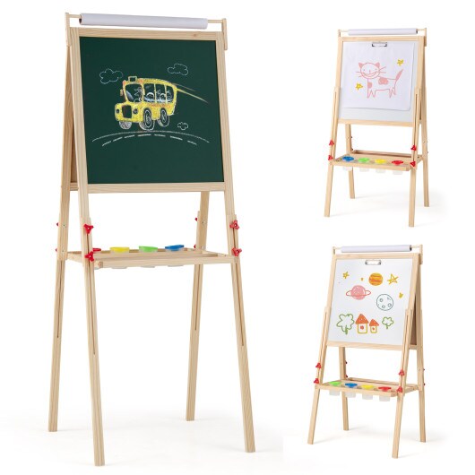 Natural Pine Wood Adjustable Double-Sided Easel with 2 Fabric Storage and Height Adjustment Knob