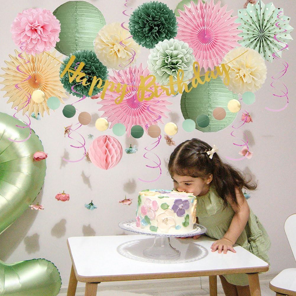 Sage Green and Pink Birthday Decorations for Women Cream Light Pink Paper Fans Tissue Paper Pom Poms Olive Green and Pink Birthday Decorations with Happy Birthday Banner Gold for Girls