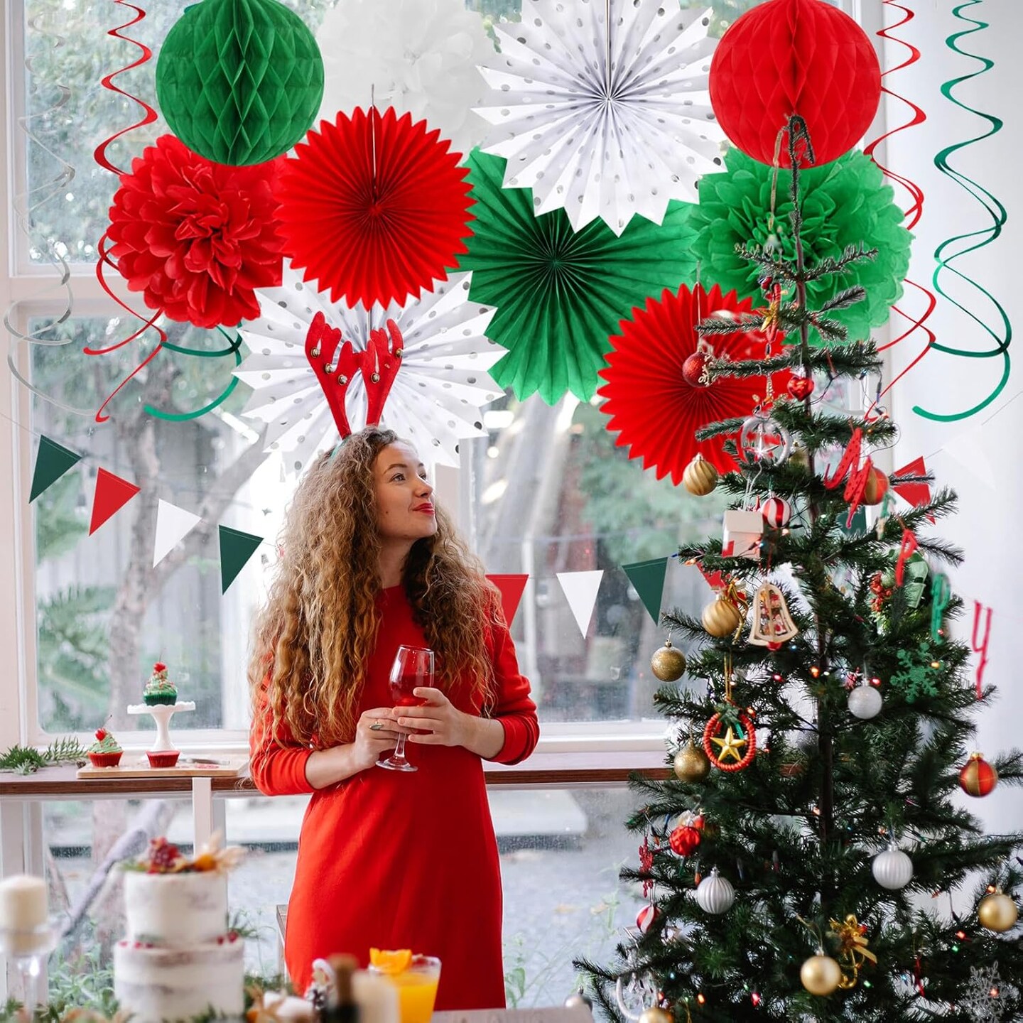 Red-Green White Christmas Party-Decorations - 33pcs Banner,Mexico Italy Streamers Tassel Garland,Tissue Pom Poms Honeycomb,Paper Lantern Fans,Mexican Italian Birthday Wedding Baby Shower Decor