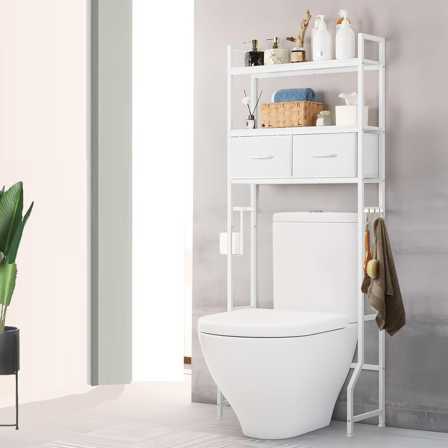 3-Tier Over-The-Toilet Storage Cabinet with Fabric Drawers &#x2013; Freestanding Bathroom Organizer with 4 Hooks &#x26; Toilet Paper Holder, White Space-Saving Shelf
